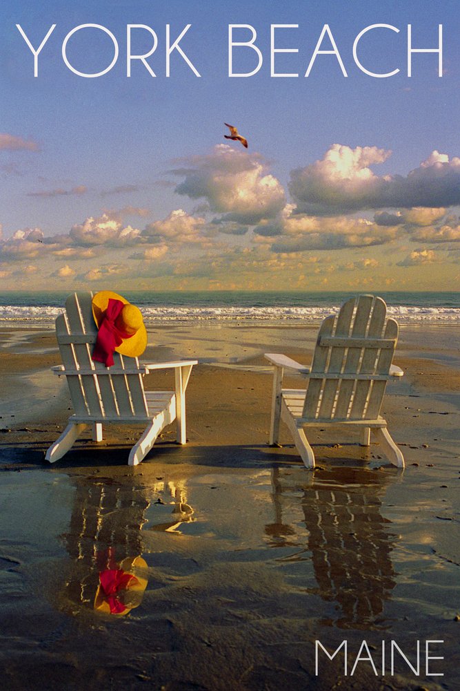 York Beach Maine Adirondack Chairs & Ocean View - 24x36 Giclee Art Print - Coastal Travel Poster Wall Decor for Beach House, Living Room & Office