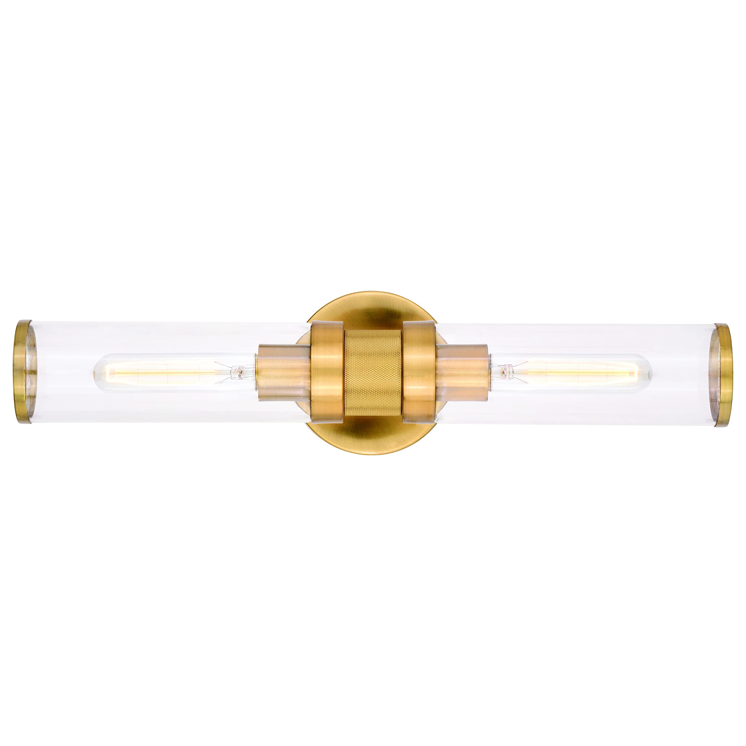 VAXCEL Levitt 2-Light Bathroom Vanity Light Fixture - Mid Century Modern Industrial Style with Satin Brass Finish & Clear Glass Shades - Perfect for Bathroom, Powder Room, and Dressing Area Lighting