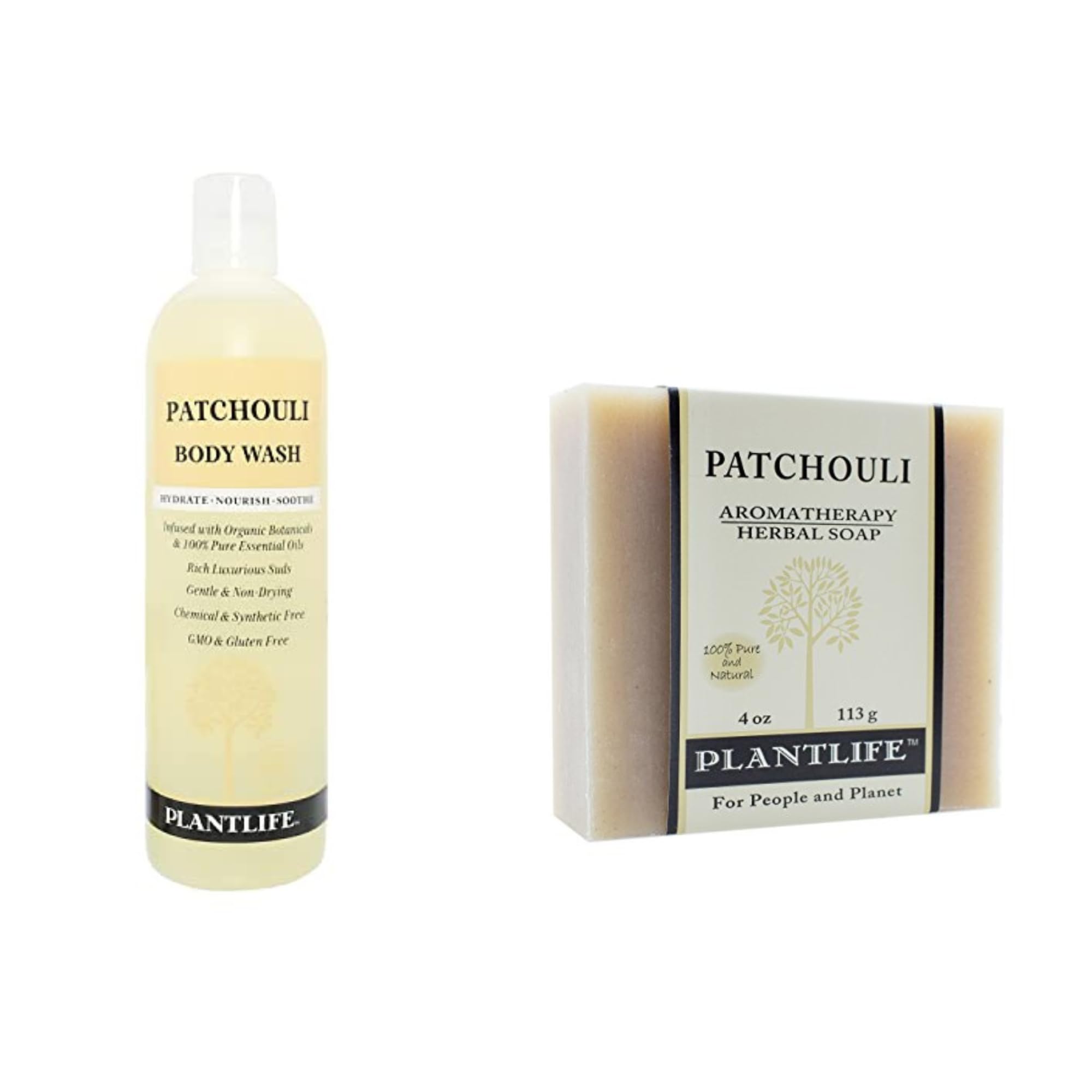 Plantlife Patchouli Body Wash & Bar Soap Set - Natural Moisturizing for Soft Silky Skin - Vegan & Cruelty-Free Made in USA - Perfect for Spa Day & Aromatherapy Relaxation
