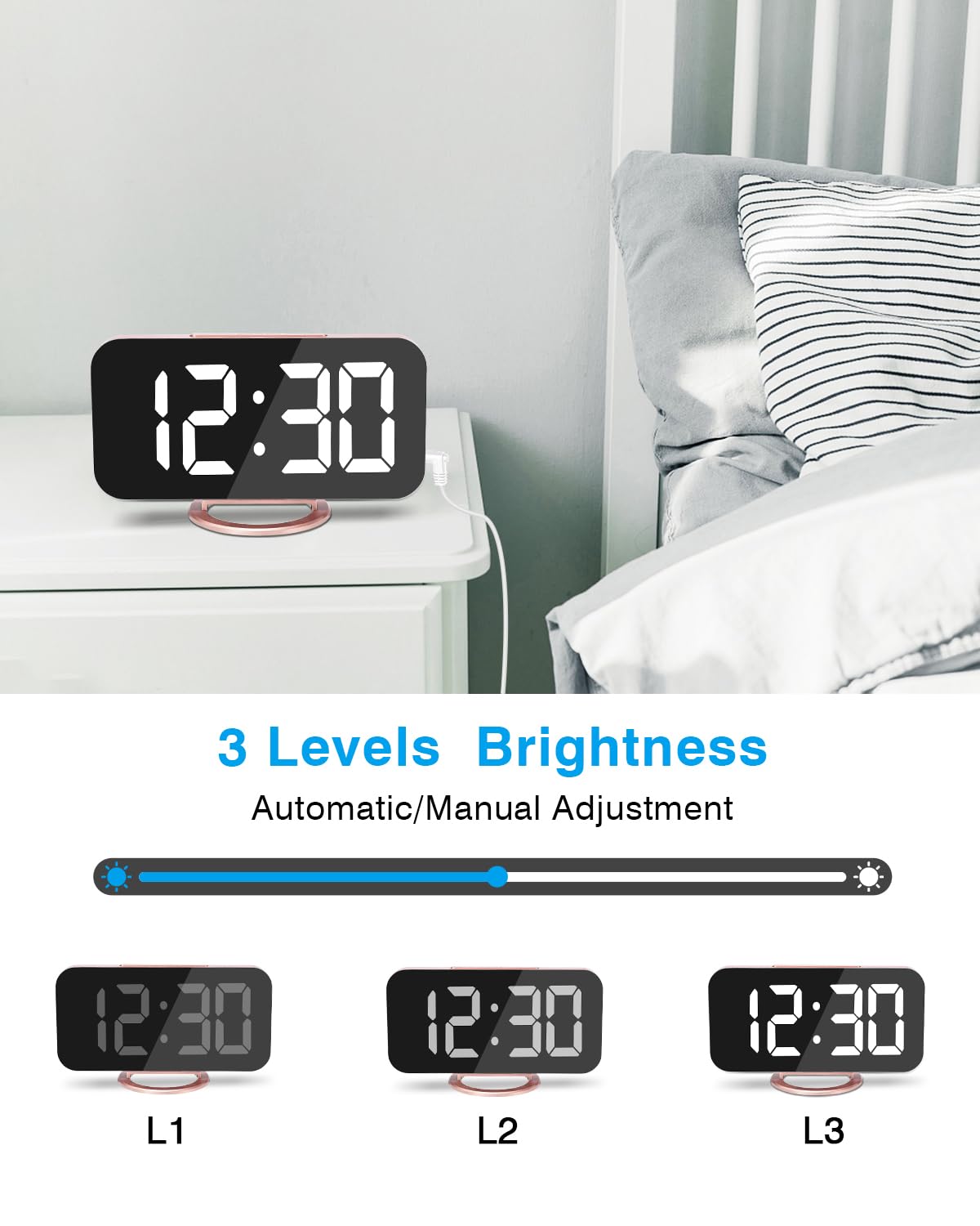 7 Inch LED Digital Alarm Clock with Large Mirrored Display, Dual USB Charger Ports, Auto Dim & Snooze - Modern Rose Gold Desk/Wall Clock for Bedroom, Living Room & Office | Perfect for Nightstands, Home Decor & Gift Giving