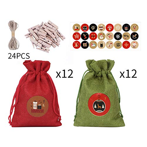 24-Piece Christmas Countdown Calendar Bags with Wooden Clips - Burlap Advent Calendar Garland for Candy & Gifts - Holiday Xmas Party Decor for Home, Office, Tree & Fireplace Mantel
