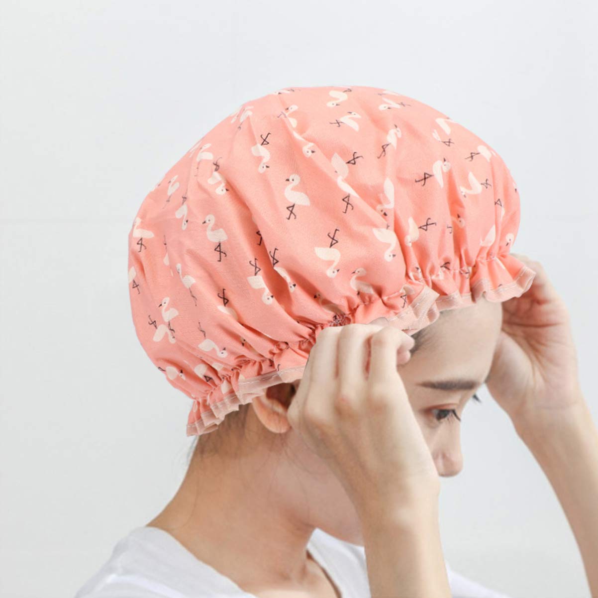 EXCLUZO 2-Pack Waterproof Shower Caps - Thick Reusable Bathing Hats for Hair Protection, Travel & Home Use (Orange & Pink) - Perfect for Swimming, Spa, Salon & Daily Shower Routine