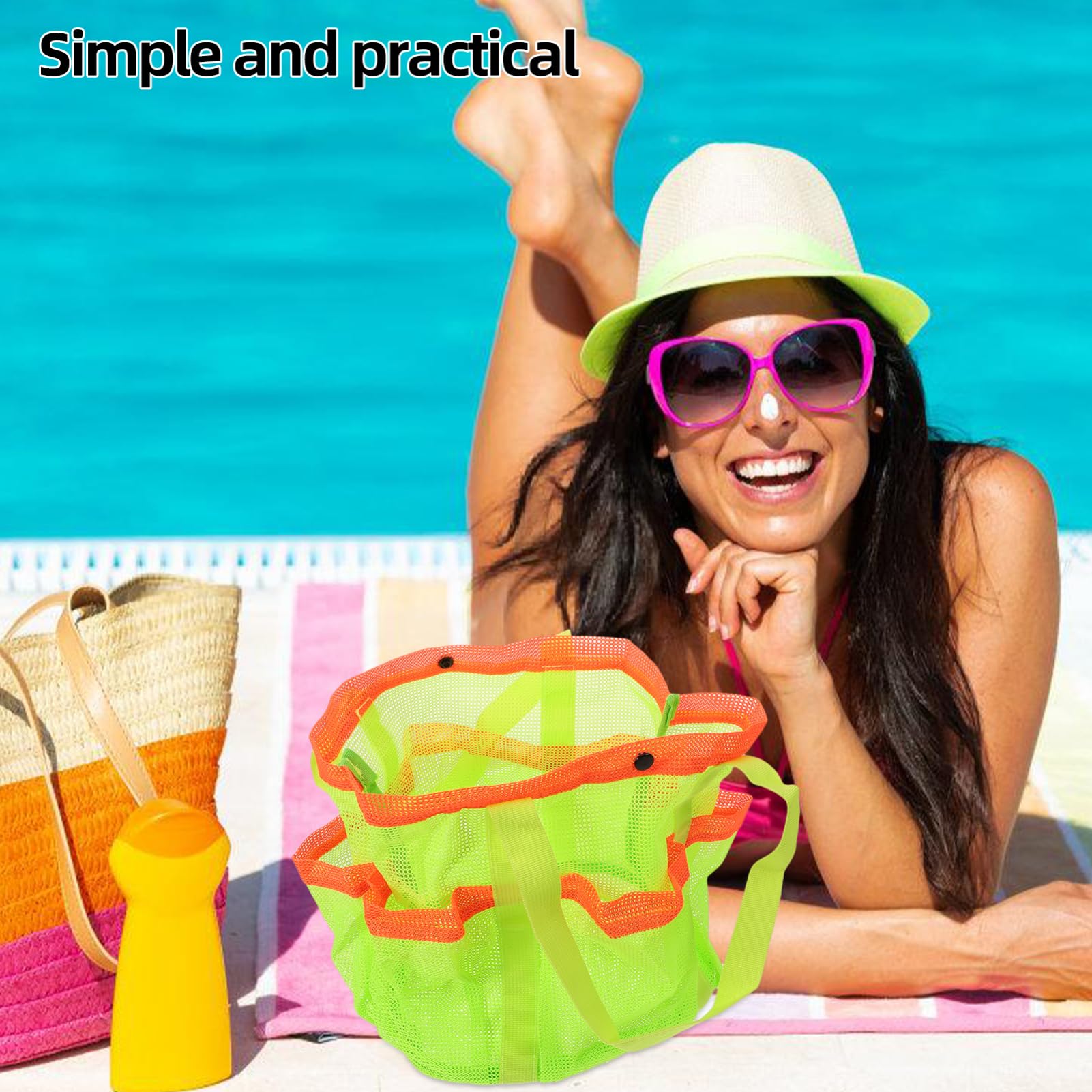 PAMINGONO Large Waterproof Beach Bag with Mesh Pockets - Lightweight Backpack for Beach, Pool, Camping & Travel - Perfect for Towels, Toys & Toiletries