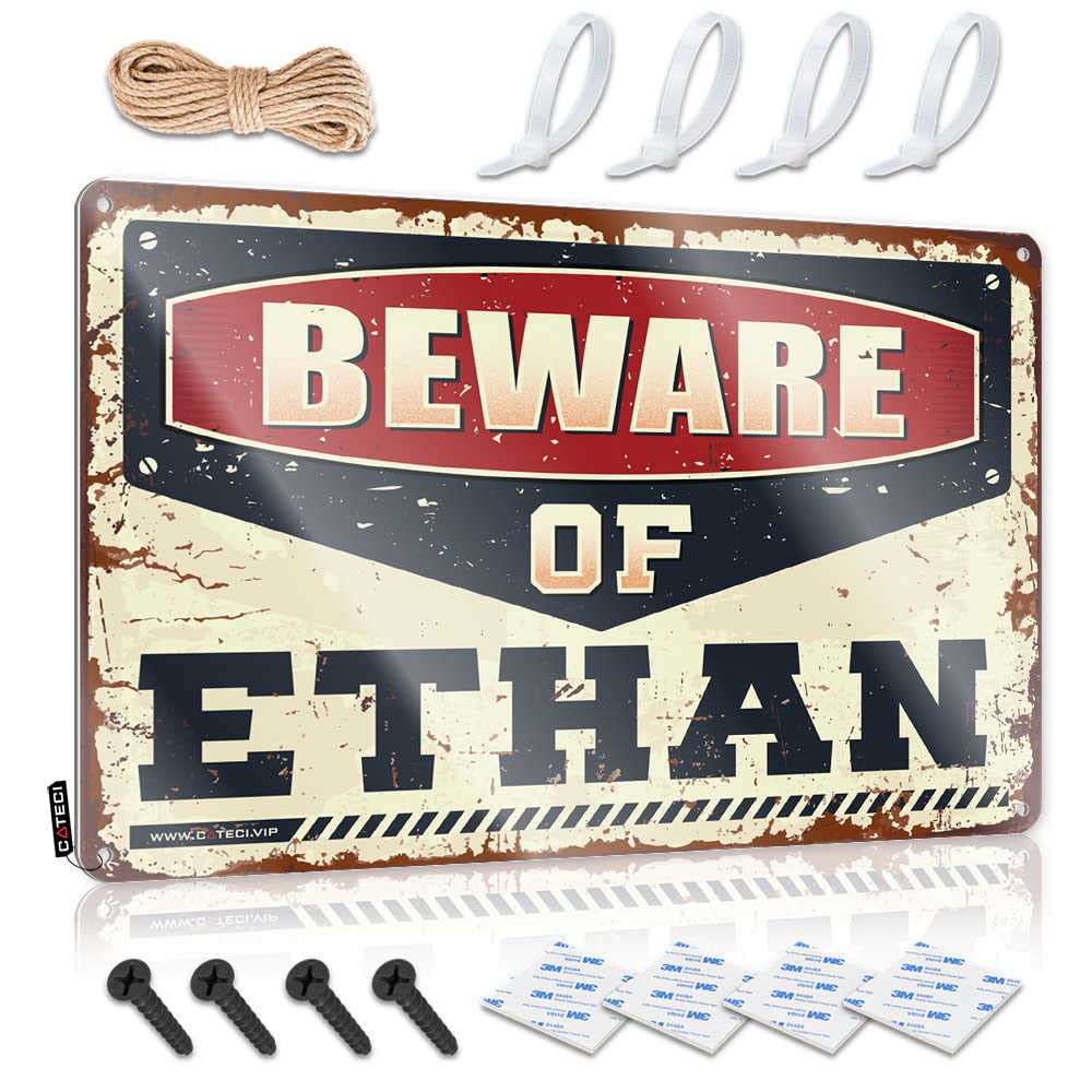 Beware of Ethan Metal Football Sign - 20x30CM Rustic Bar Decor for Man Cave, Unique Gifts for Men - Perfect for Sports Themed Rooms, Basement Bars & Football Fan Gifts