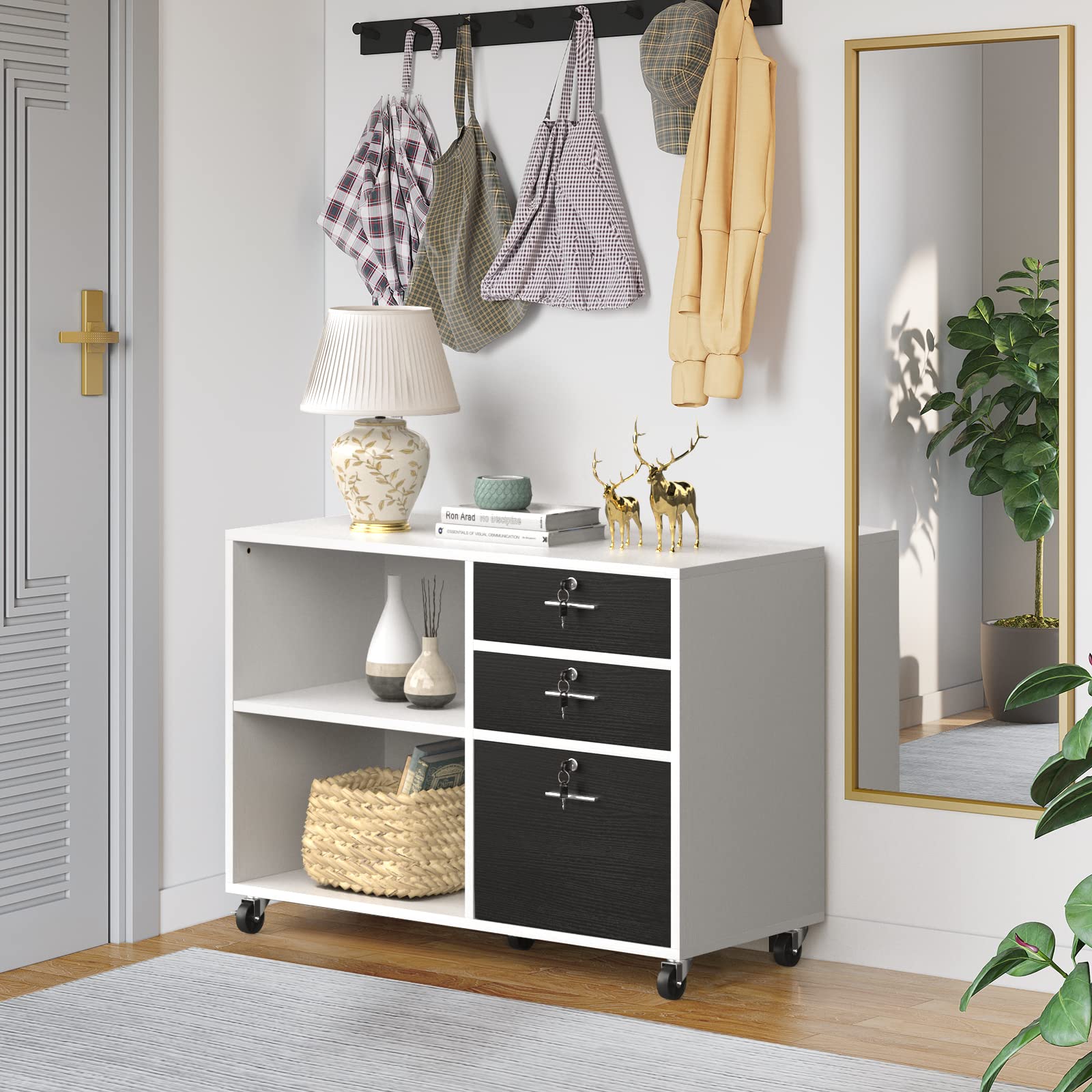 YITAHOME 3-Drawer Wood File Cabinet with Wheels, Mobile Lateral Storage Cabinet & Printer Stand - 35