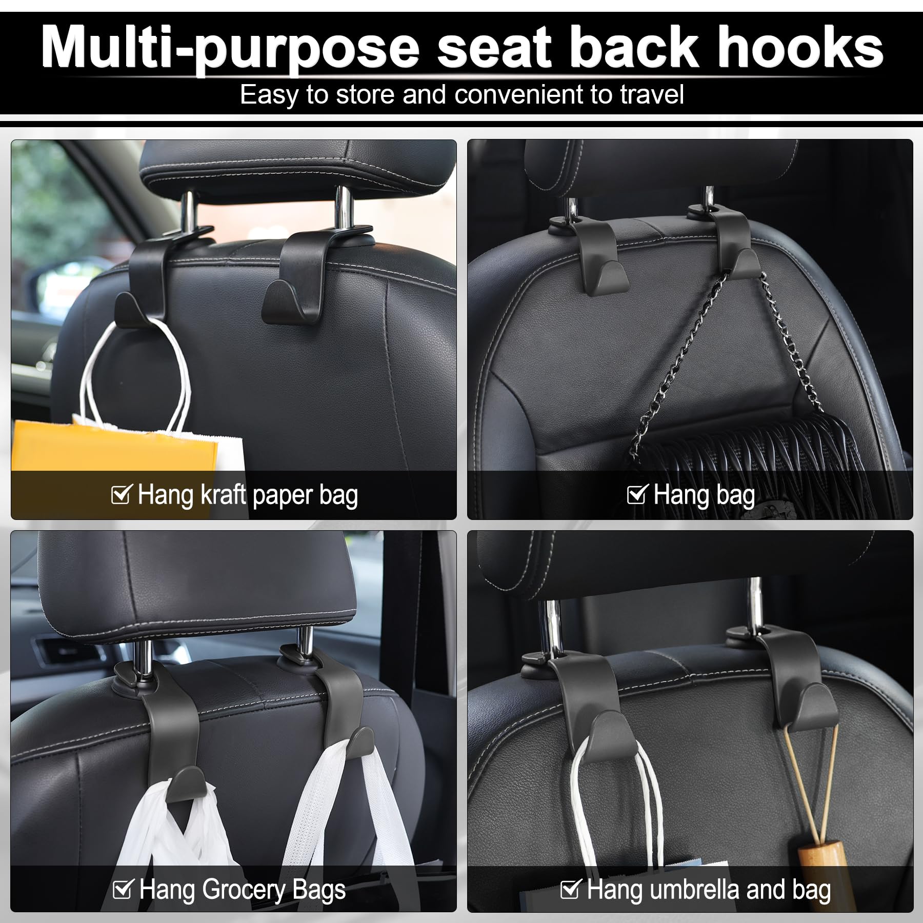 LivTee Car Seat Headrest Hook - 4-Pack Auto Organizer Hangers for Purse, Coat, Umbrella & Grocery Bags - Durable Vehicle Storage Accessories - Perfect for Road Trips, Shopping & Daily Commute