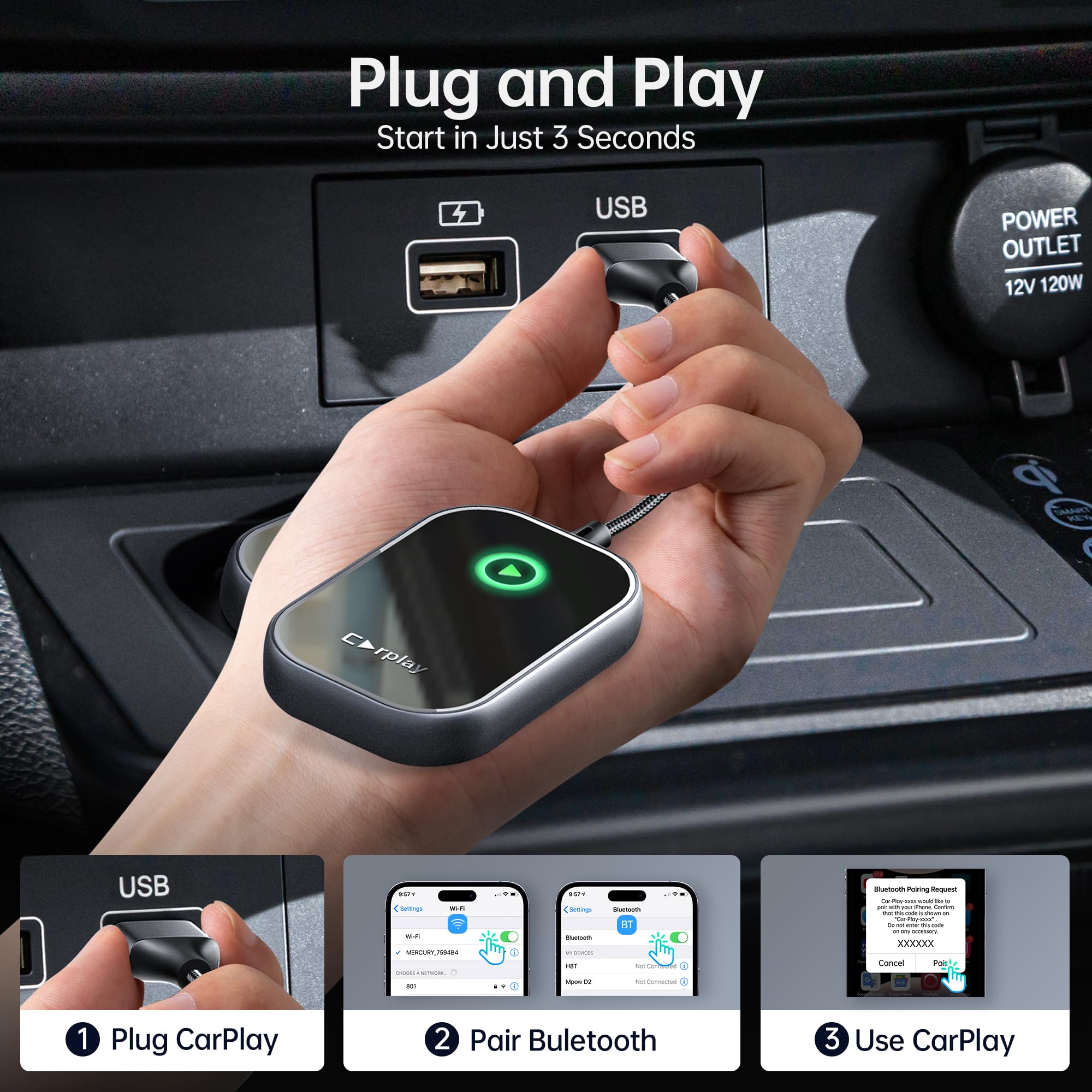Wireless CarPlay Adapter for iPhone 2024 - Convert Wired to Wireless CarPlay Dongle, Zero Latency Plug & Play, Compatible with Cars 2017+ & iOS 10+ - Perfect for Hands-Free Driving & Seamless Music Streaming