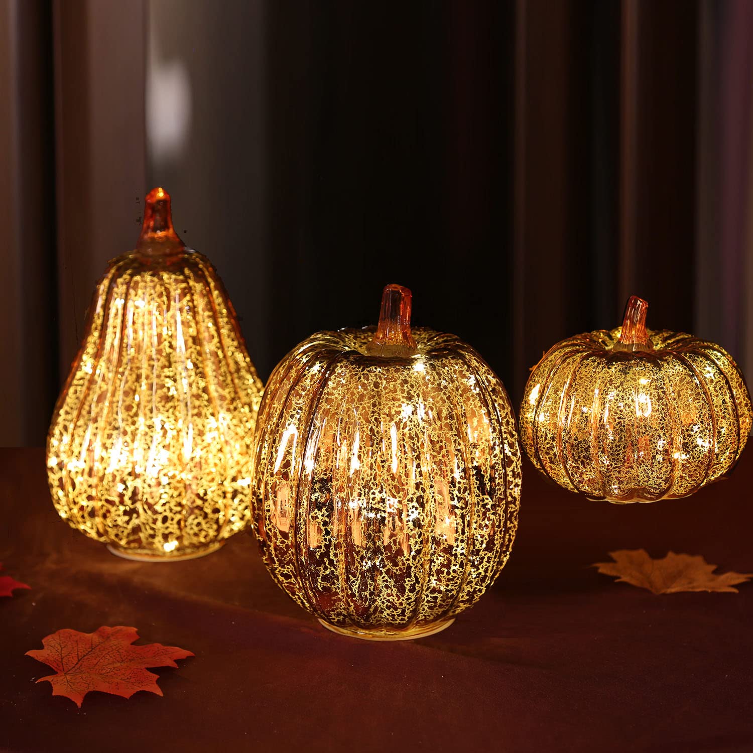Romingo Set of 3 Halloween Mercury Glass Pumpkin Lights with Timer - Gold Fall & Thanksgiving Decor for Home, Porch, and Party Decoration