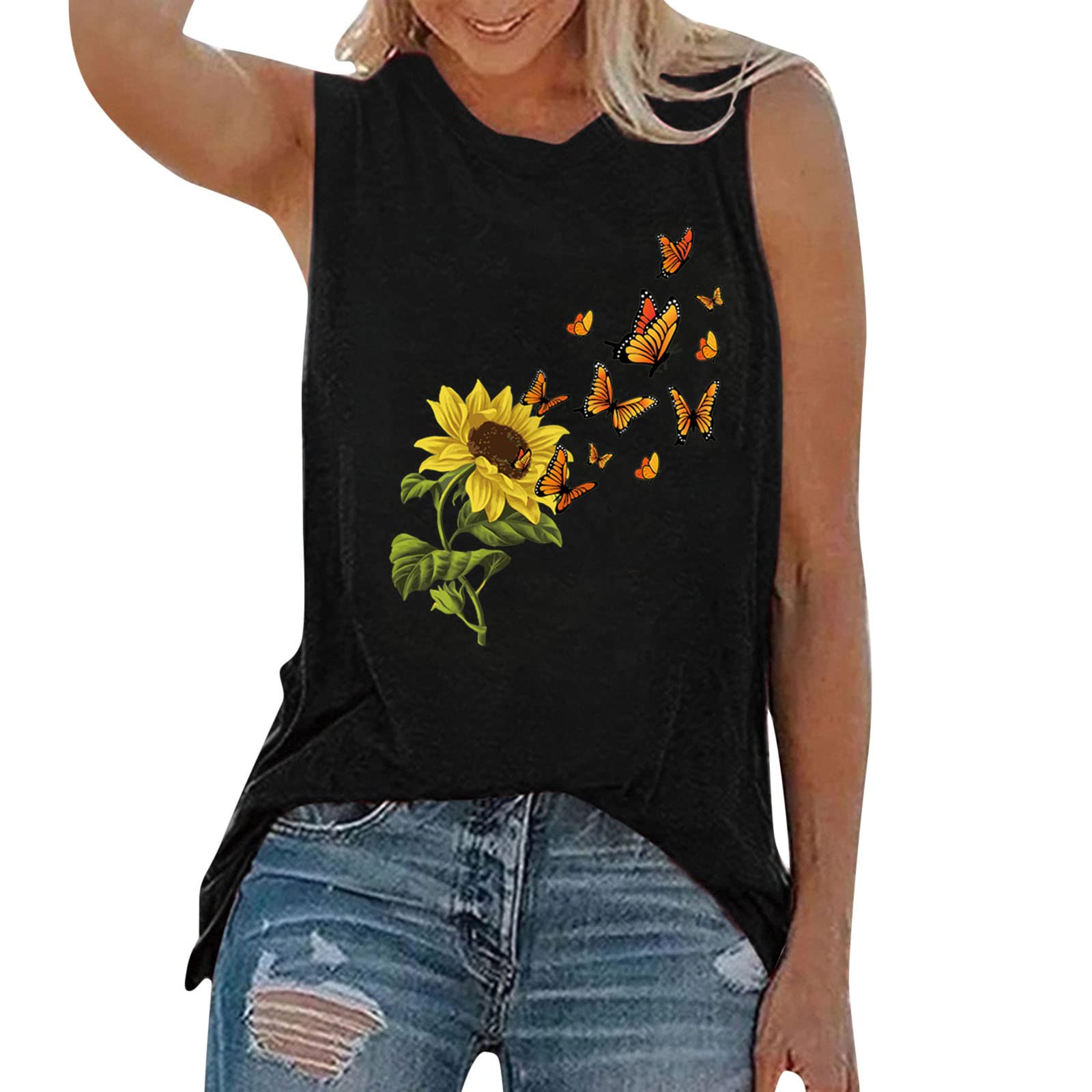 Women's Flowy Loose Casual Tank Top - Sunflower Printed Sleeveless Crewneck Tunic Shirt for Summer | Beach Outing, Music Festival, Weekend Brunch