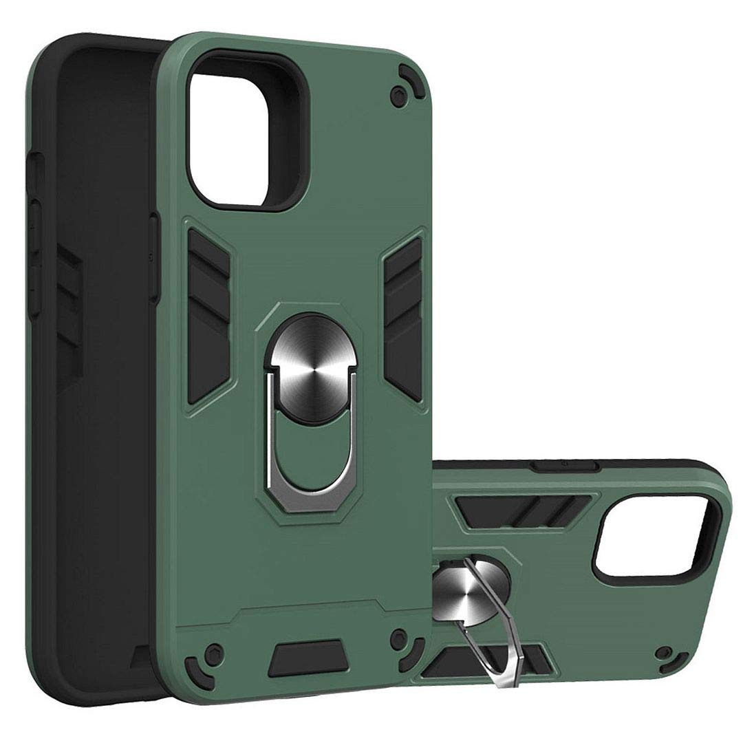 SATURCASE Armor Hybrid 2-in-1 Dual Layer Shockproof Case for iPhone 12 Pro Max - PC & Silicone Bumper with Ring Kickstand, Green | Perfect for Outdoor Activities, Travel & Daily Protection