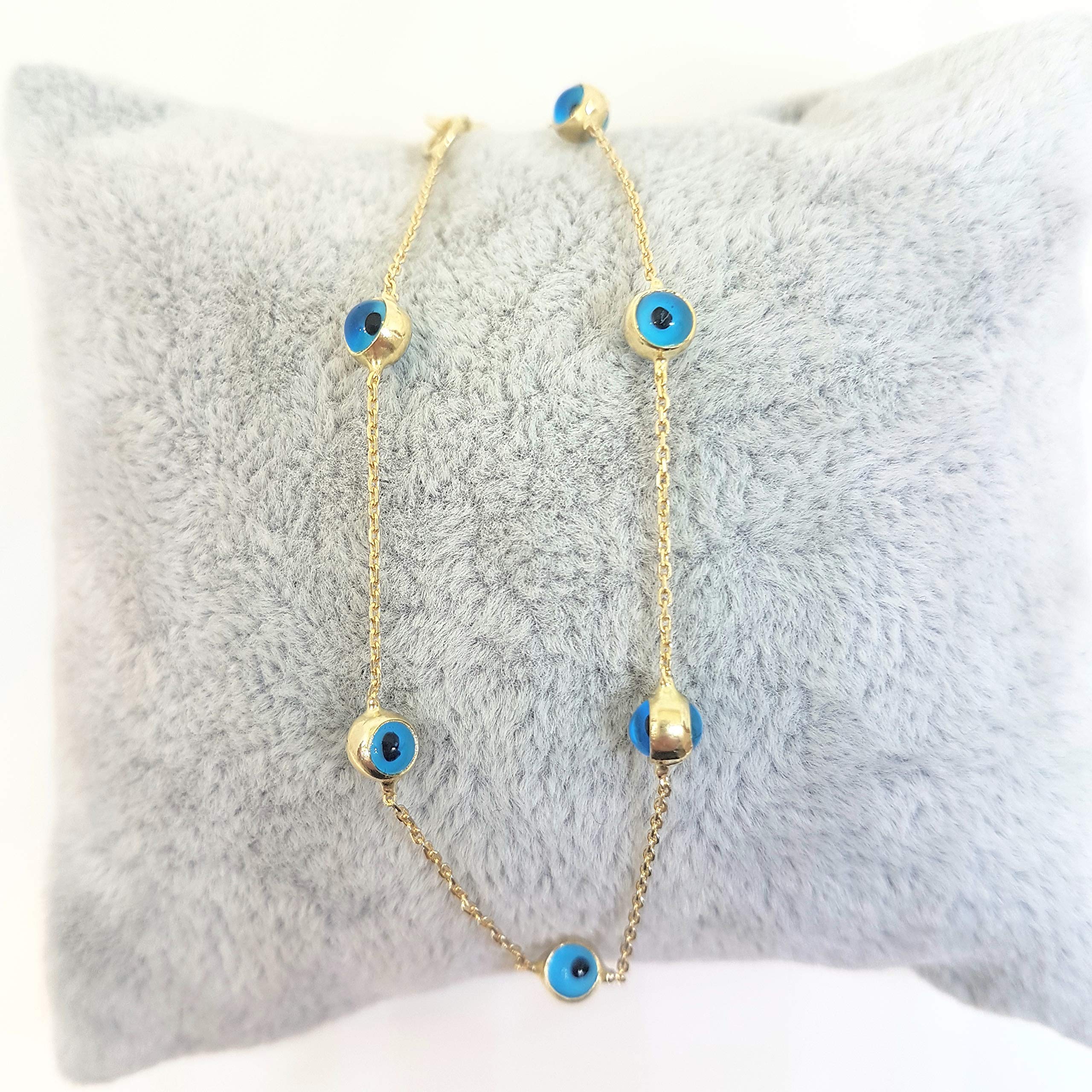 14K Solid Gold Evil Eye Bracelet for Women - Two-Sided Dainty Beaded Turkish Jewelry with Bezel Station Links | Protection Charm for Everyday Wear, Gift for Her, Spiritual Jewelry for Positive Energy