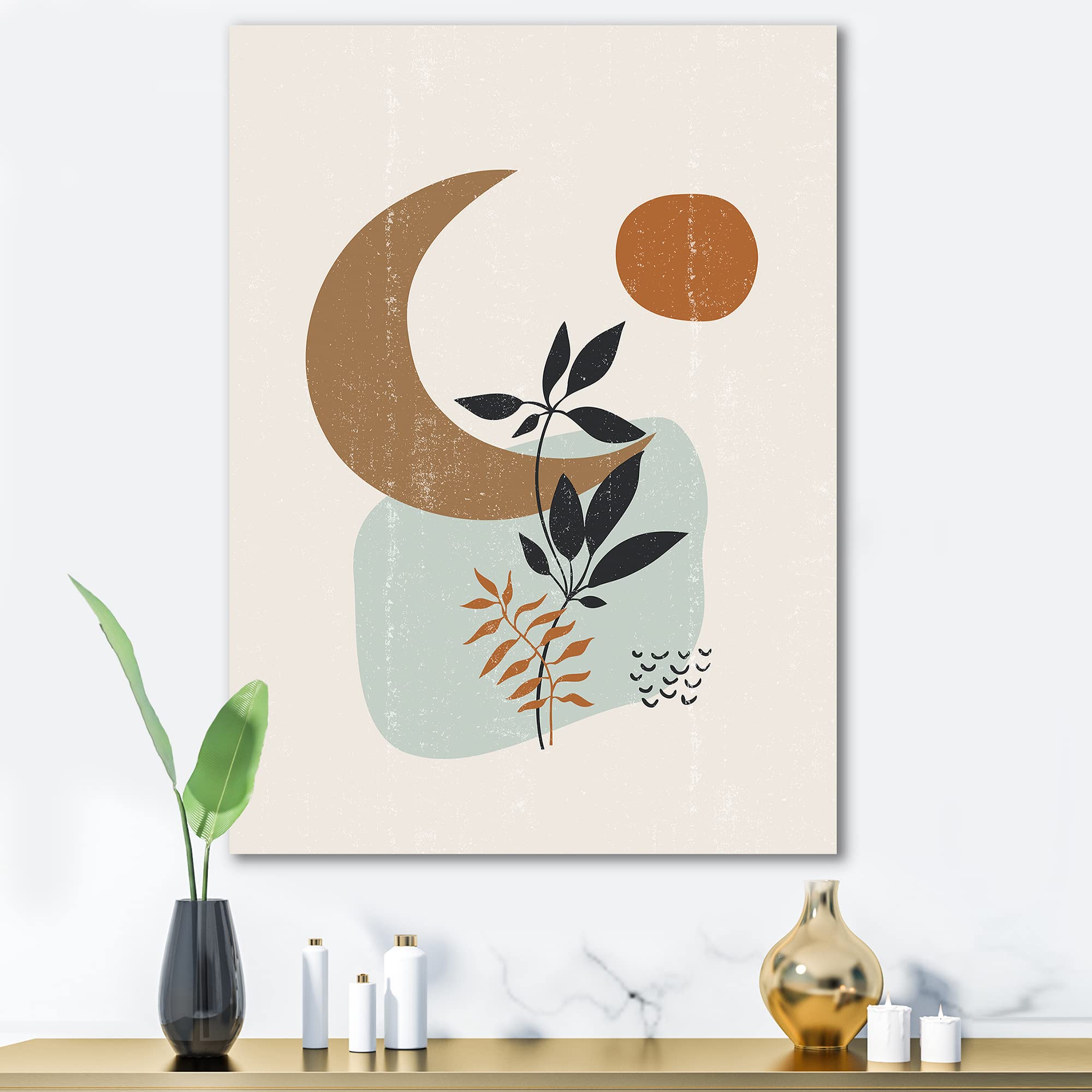 Abstract Sun & Moon with Minimal Plants Modern Canvas Wall Art - Contemporary Home Decor for Living Room, Bedroom & Office