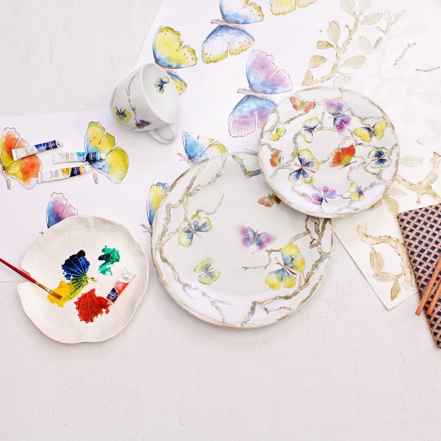 Butterfly Ginkgo Pattern Ceramic Dinnerware Set - Elegant Plates, Bowls & Mugs for Home Dining, Party Serving & Gift Giving