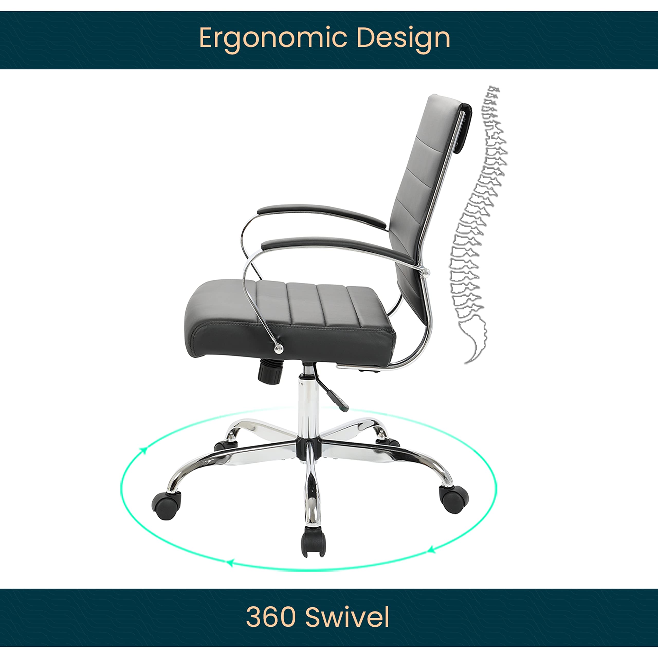 Premium Benmar Black Leather Office Chair - Modern Mid-Back Ergonomic Swivel Chair with Adjustable Height & Lumbar Support | Perfect for Home Office, Gaming & Executive Workspaces
