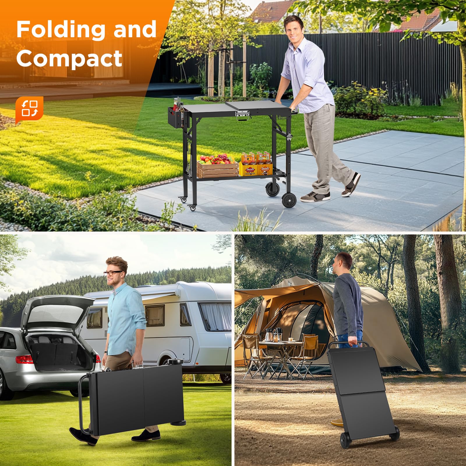 Portable Foldable BBQ Grill Cart with Wheels - Outdoor Cooking Prep Table for Blackstone Griddle 17