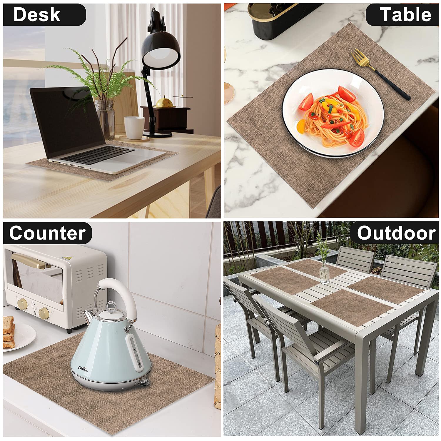 Premium PU Leather Heat-Resistant Placemats Set of 6 - Waterproof, Wipeable & Washable Table Mats - Non-Slip, Easy to Clean - Dark Brown - Perfect for Dining Tables, Kitchen Countertops & Outdoor Picnics