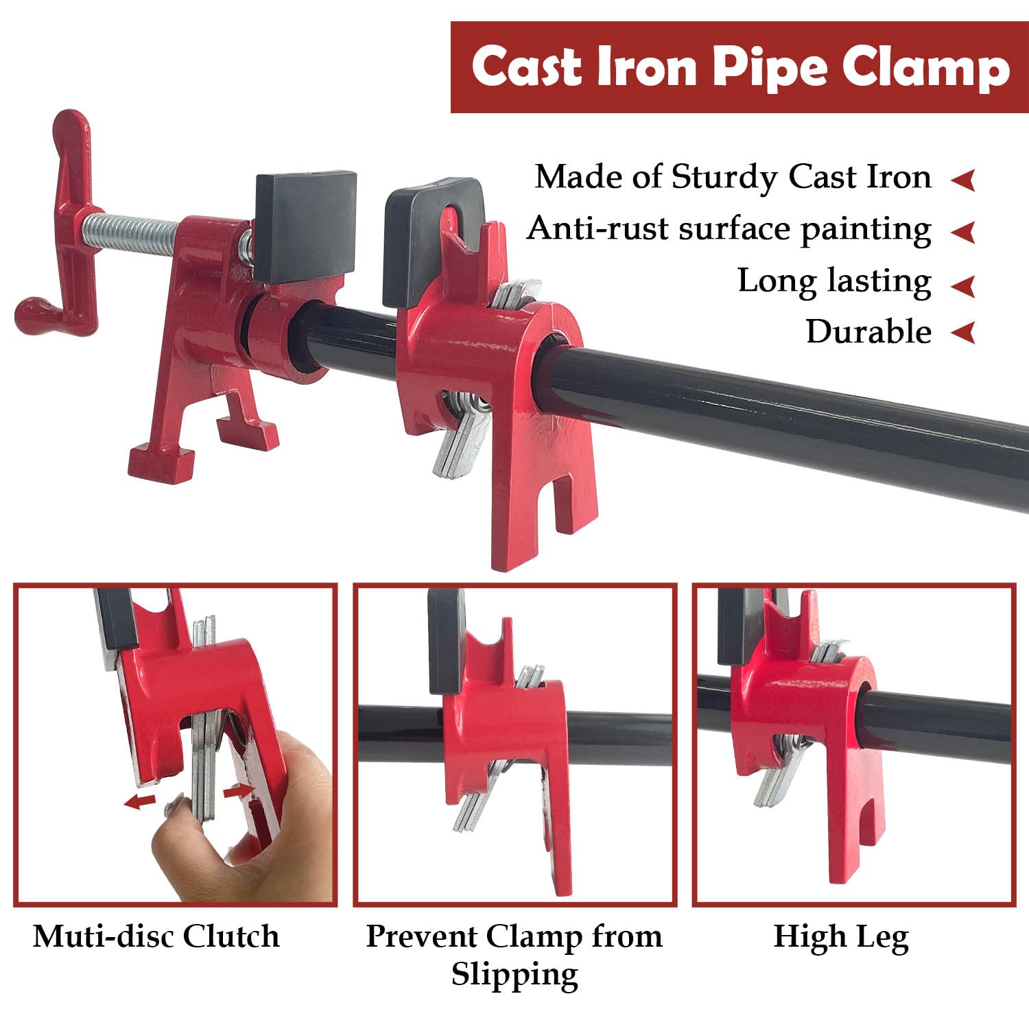 Sutekus 2-Pack 3/4 Inch Heavy Duty Pipe Clamps for Woodworking - H-Shaped Feet Bar Clamps with Cast Iron Fixture - Perfect for Wood Gluing, Cabinet Making, and DIY Projects