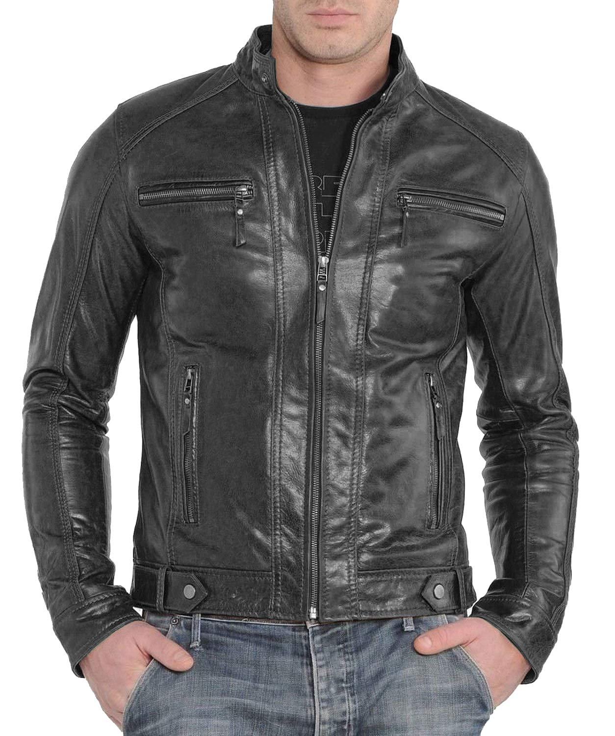 SKINOUTFIT Men's Triple Stitch Motorcycle Jacket - Genuine Lambskin Leather Biker Bomber Jacket for Riding & Casual Wear