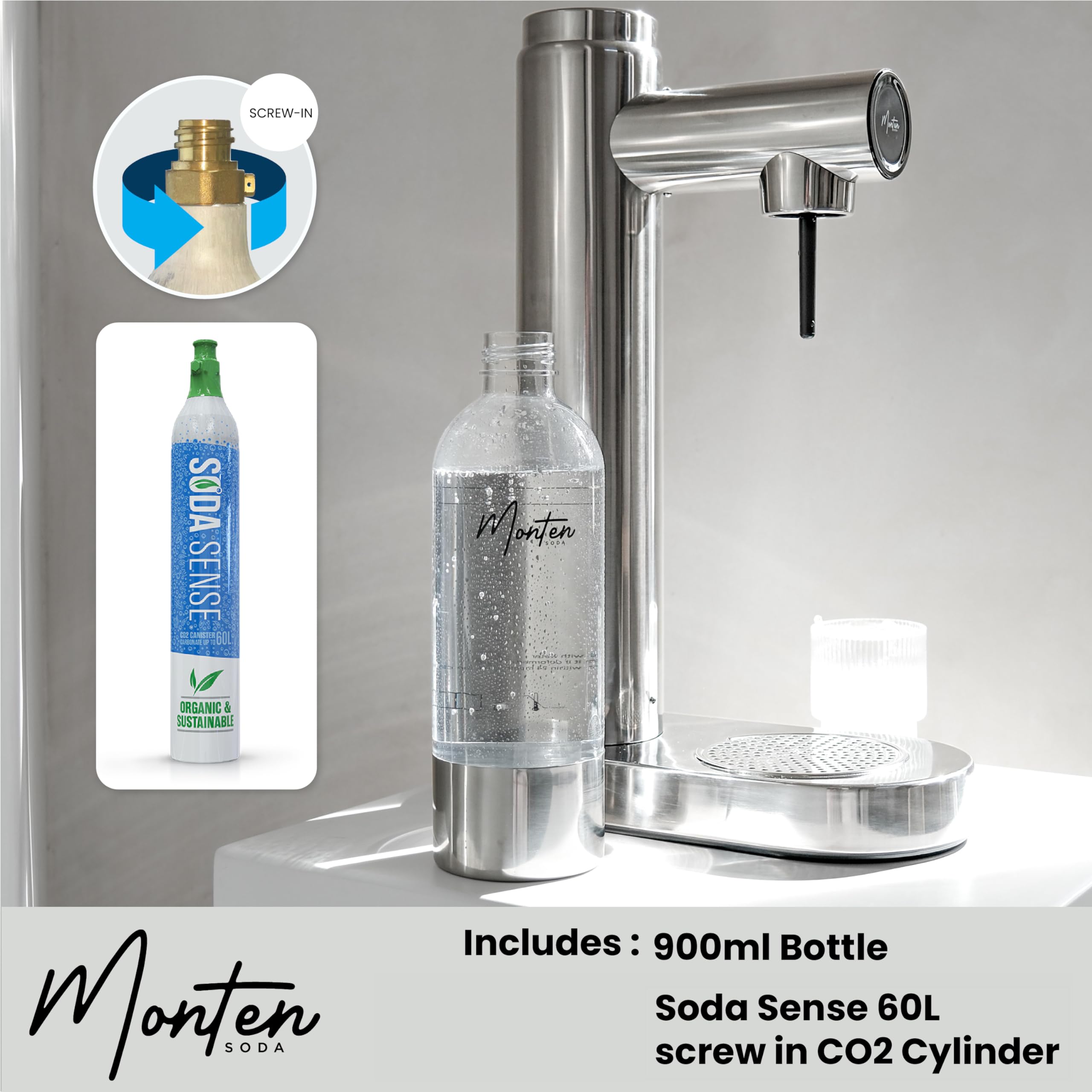 Premium Polished Steel Sparkling Water Maker Kit - Includes 60L SodaSense CO2 Cylinder & 900ML Reusable PET Bottle - Eco-Friendly Home Carbonation System - Perfect for Making Healthy Sparkling Water, Soda, and Cocktails at Home