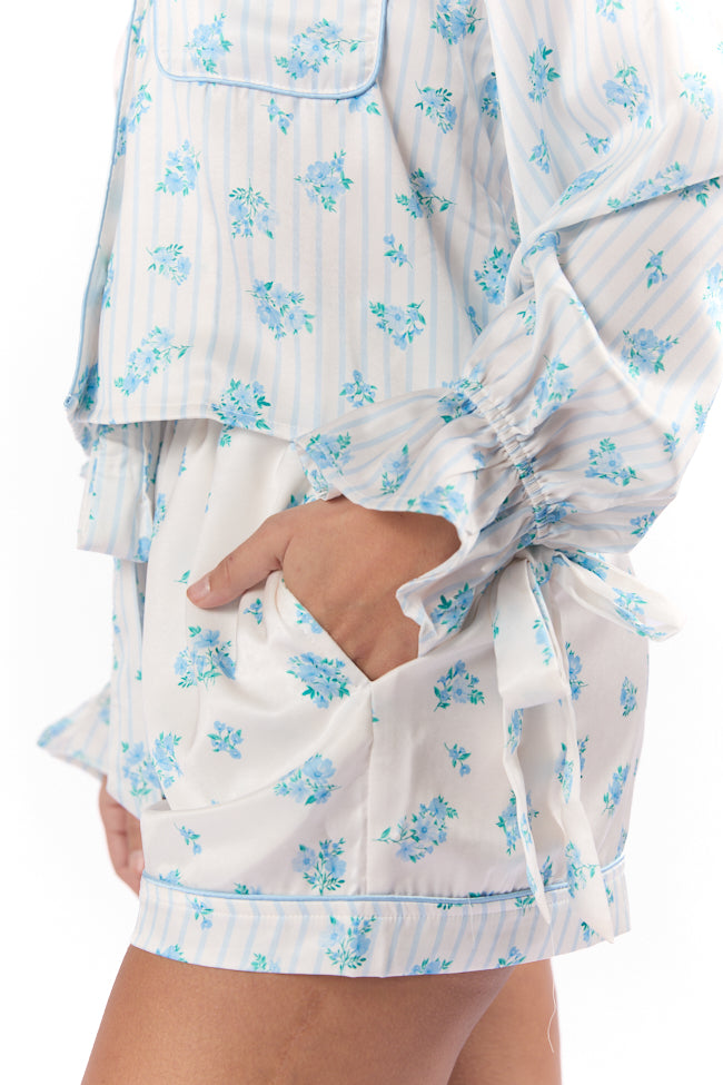 Blue Floral Satin Pajama Shorts for Women - Side Sleeper Comfort Sleepwear | Perfect for Lounging, Travel & Nighttime Relaxation
