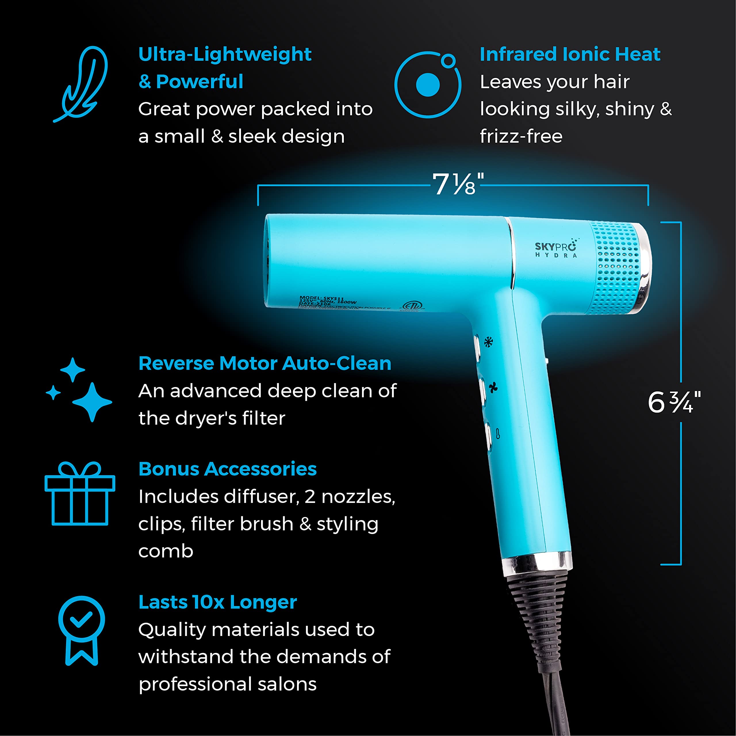 SKYPRO Mini Hair Dryer with Diffuser for Curly Hair - Ultra Fast Drying & Quiet Blow Dryer | Professional Salon-Grade 20X Faster Brushless Motor | Compact Travel Hair Dryer with Auto-Clean | Perfect for Home, Travel & Salon Styling
