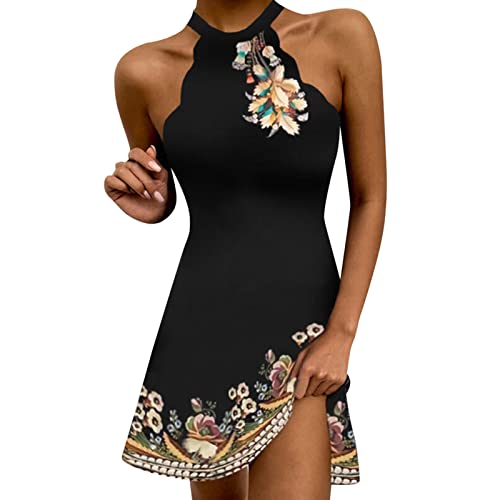 Women's A-Line Mini Dress - Black Sleeveless Floral Ruched Print Summer Dress for Women | Comfortable Casual & Party Wear | Perfect for Beach Outings, Date Nights & Summer Vacations