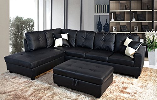Modern Black Left-Hand Facing Sectional Sofa with Ottoman - Contemporary L-Shaped Couch for Living Room, Family Room & Small Spaces | Comfortable Fabric Sleeper Sofa for Apartments, Condos and Home Theater