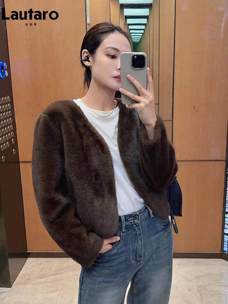 Luxury Soft Thick Warm Brown Faux Mink Fur Coat for Women - Deep V Neck Long Sleeve Fluffy Jacket for Autumn & Winter 2024 | Perfect for Cold Weather, Parties & Fashion Outfits
