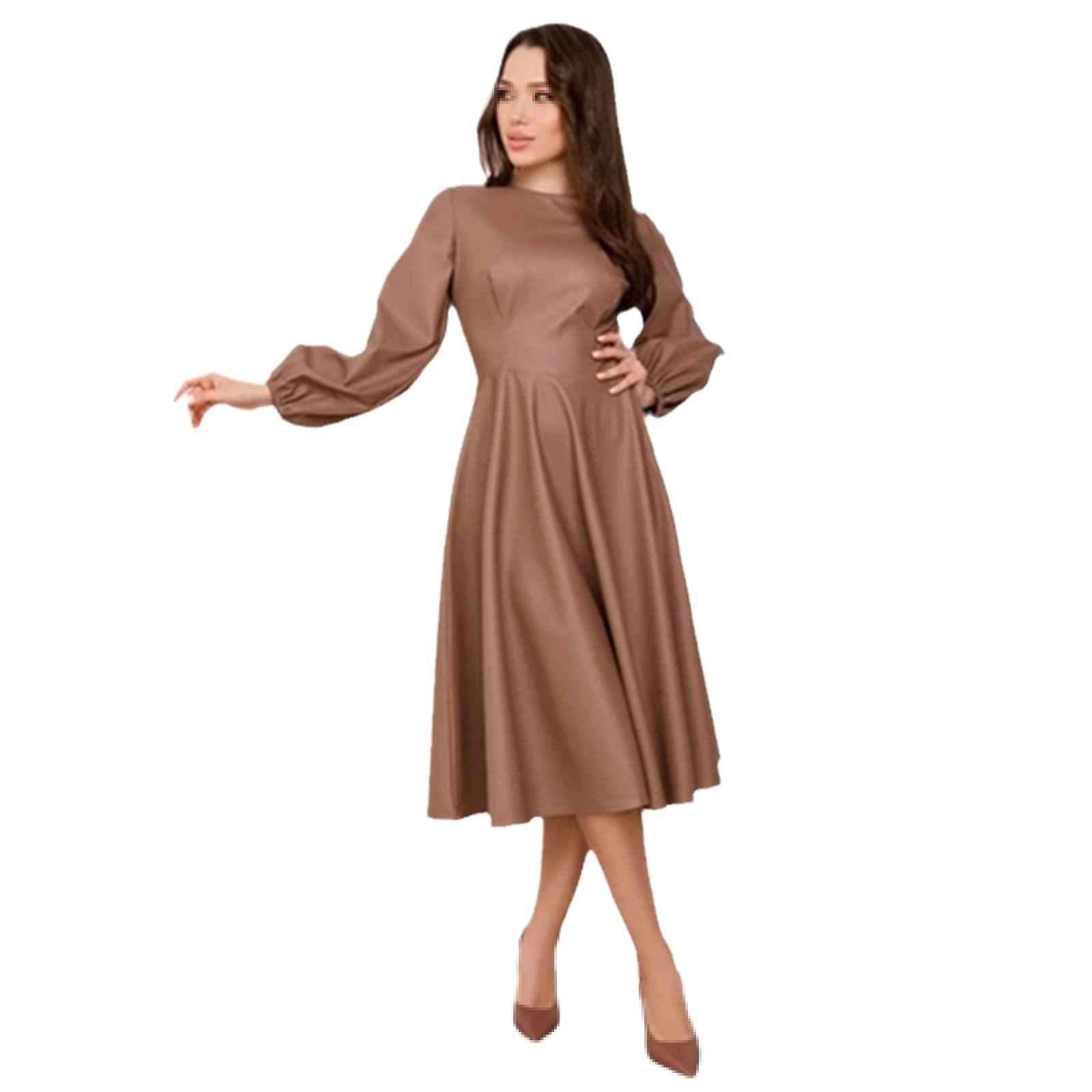 Women's PU Faux Leather Dress - Long Sleeve O-Neck Lantern Sleeve Knee-Length Solid Color Casual Draped Fashion Dress for Fall | Perfect for Office Wear, Date Nights & Autumn Outings