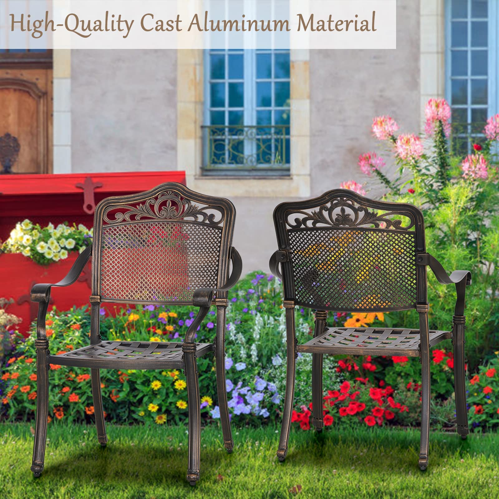 PHI VILLA Patio Dining Chairs Set of 2 - Weather-Resistant Cast Aluminum Outdoor Bistro Chairs with Curved Armrests - Golden Bronze Patio Furniture for Deck, Balcony, Garden & Backyard Dining