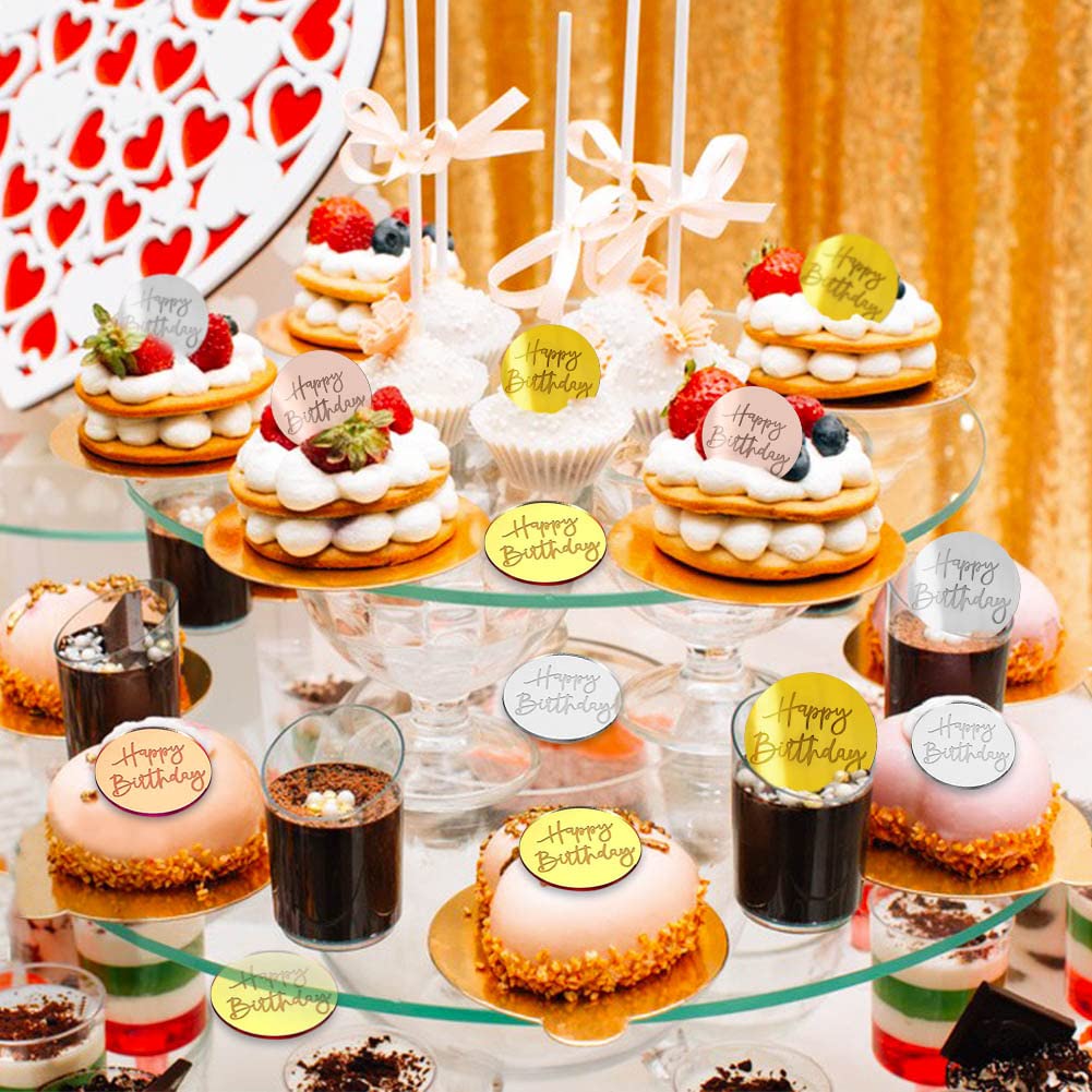 21Pcs Happy Birthday Cake Disc Acrylic Cupcake Toppers Set - Gold Pink Silver Mirror Acrylic Cake Decorations for DIY Birthday Party, Baby Shower & Wedding Celebrations - Perfect for Cupcake, Dessert Table and Cake Decorating