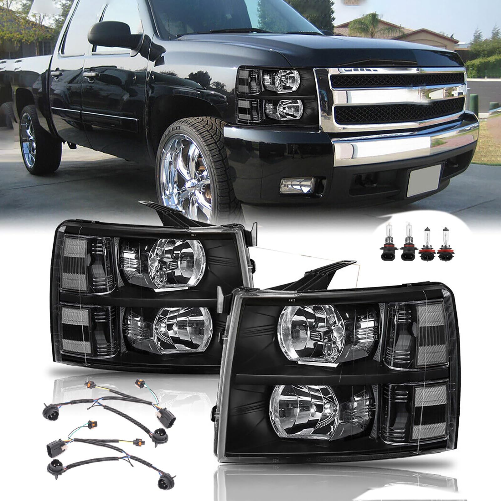 Replacement Headlight Assembly with Bulb & Wiring Harness for 2007-2013 Chevy Silverado 1500, 2007-2014 Silverado 2500HD 3500HD - Black Housing Clear Lens - Perfect for Night Driving & Off-Road Adventures
