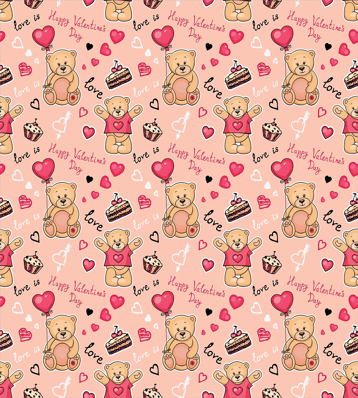 Ambesonne Valentine's Day Duvet Cover Set - 3 Piece King Size Bedding with Teddy Bear & Cake Design in Coral Brown Peach | Romantic Couples Gift for Anniversary, Wedding, Bedroom Decor