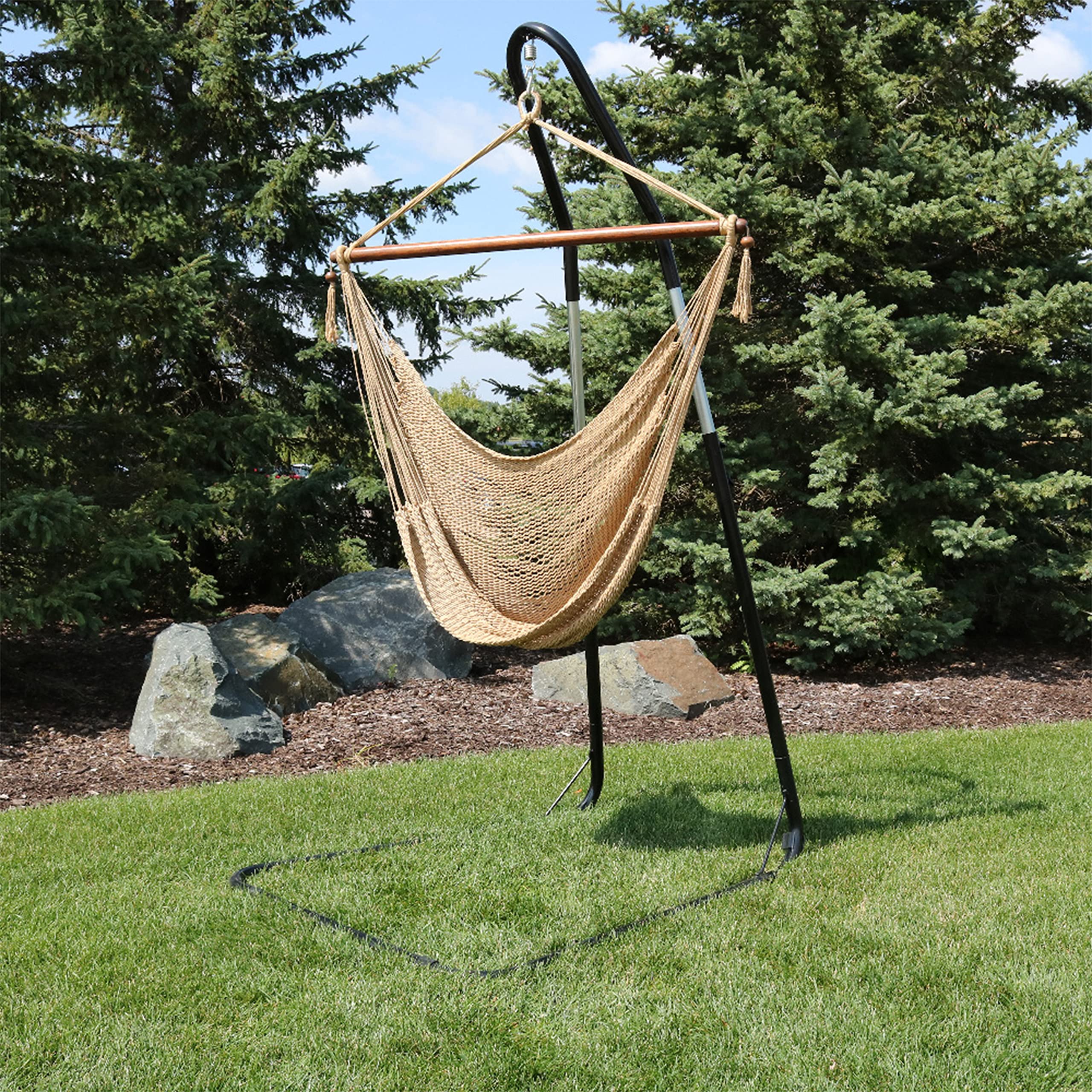 Sunnydaze Caribbean-Style Hanging Rope Hammock Chair with Adjustable Stand - 300 lb Weight Capacity - Tan - Perfect for Indoor & Outdoor Relaxation in Backyard, Patio, or Balcony