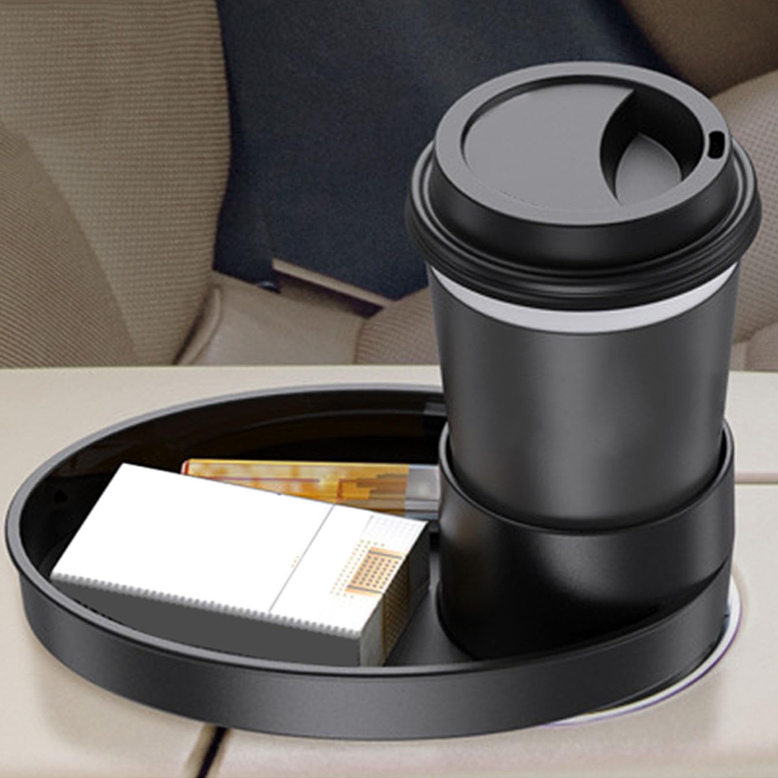 Kids Car Seat Travel Tray with Rotating Cup Holder - Snack & Toy Organizer for Toddlers - Road Trip Essentials for Books, Water Bottles & Entertainment - Perfect for Long Car Rides & Family Vacations (Black)