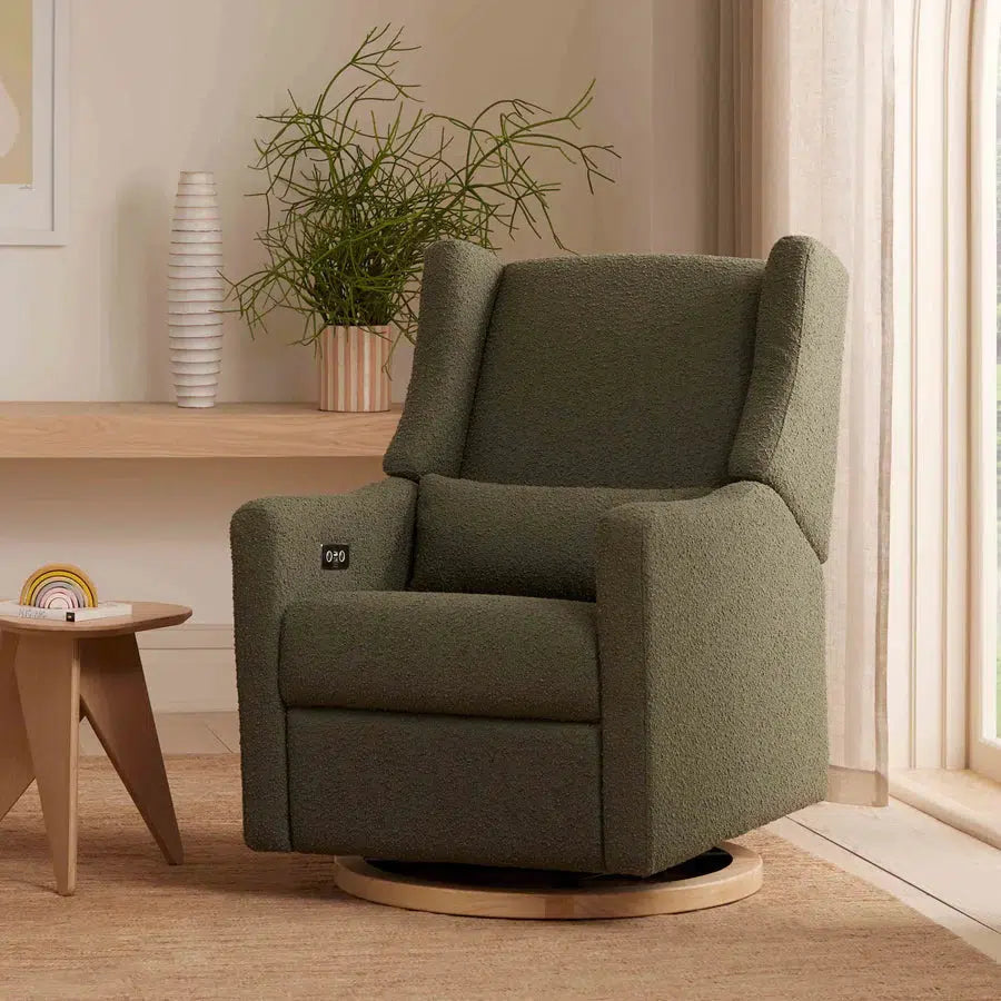 Babyletto Kiwi Electronic Glider Recliner Chair - Luxe Olive Boucle Fabric with Light Wood Base for Nursery, Breastfeeding & Relaxation