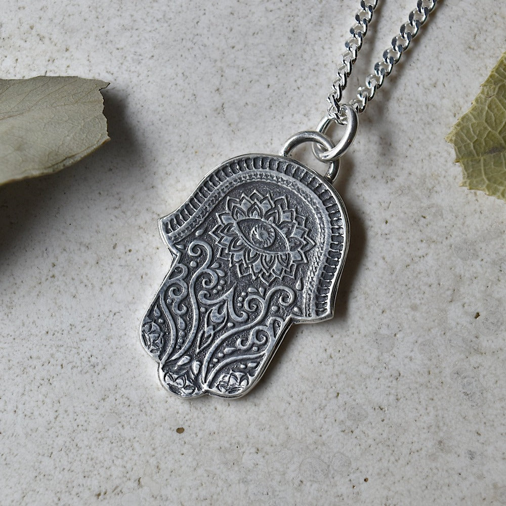 Hamsa Hand Silver Necklace for Women - Elegant Protection Jewelry for Everyday Wear, Gift for Her, Spiritual & Boho Style