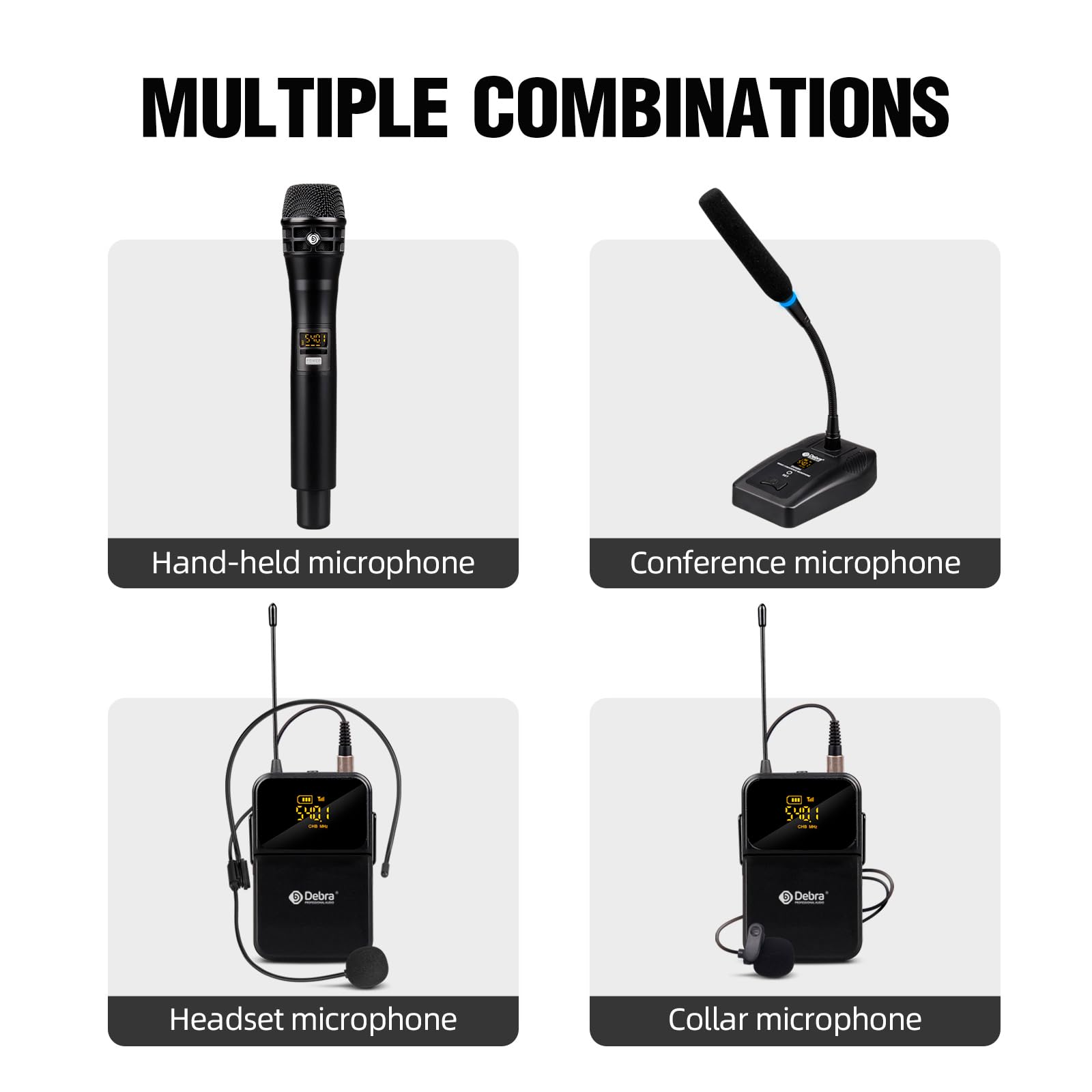 Professional DU4004 UHF Wireless Microphone System - 4 Adjustable Channels with 2 Handheld & 2 Lavalier Mics for Church, Meetings, Speeches & Events | D Debra Audio