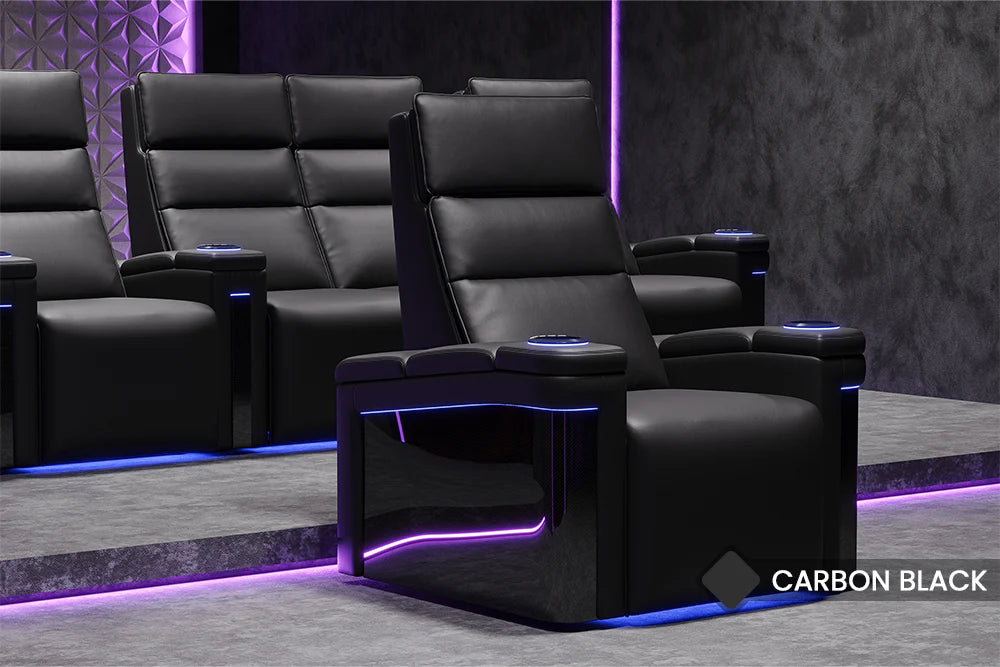 Valencia 2025 New Monza Genuine Leather Home Theater Seating with Carbon Fiber Panel - 3-Seater Row, Black | Perfect for Home Cinema, Gaming & Entertainment Rooms