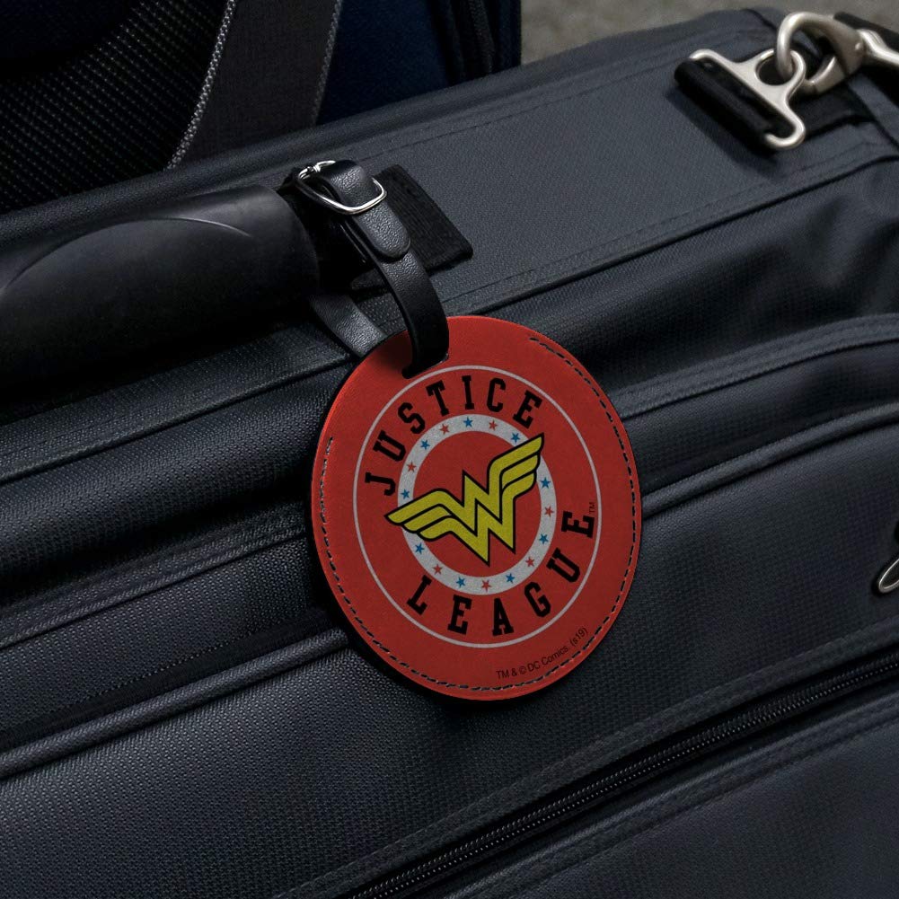 Justice League Wonder Woman Logo Round Leather Luggage Tag - Superhero Themed Travel ID Card Holder for Suitcases, Backpacks & Carry-On Bags