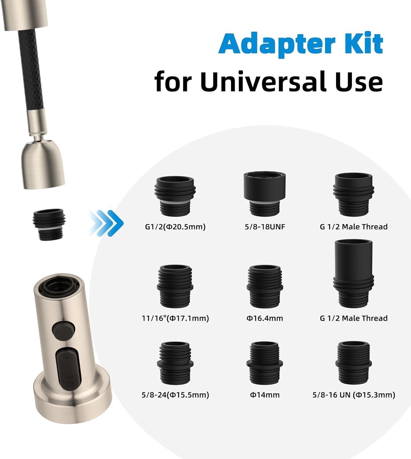 Hibbent Pull Down Kitchen Faucet Spray Head Replacement - 3 Function Sink Faucet Nozzle with 15 Universal Adapters - Fits Moen, Delta, Kohler, American Standard - Brushed Nickel Finish - Ideal for Kitchen Sink Upgrades & DIY Plumbing Repairs