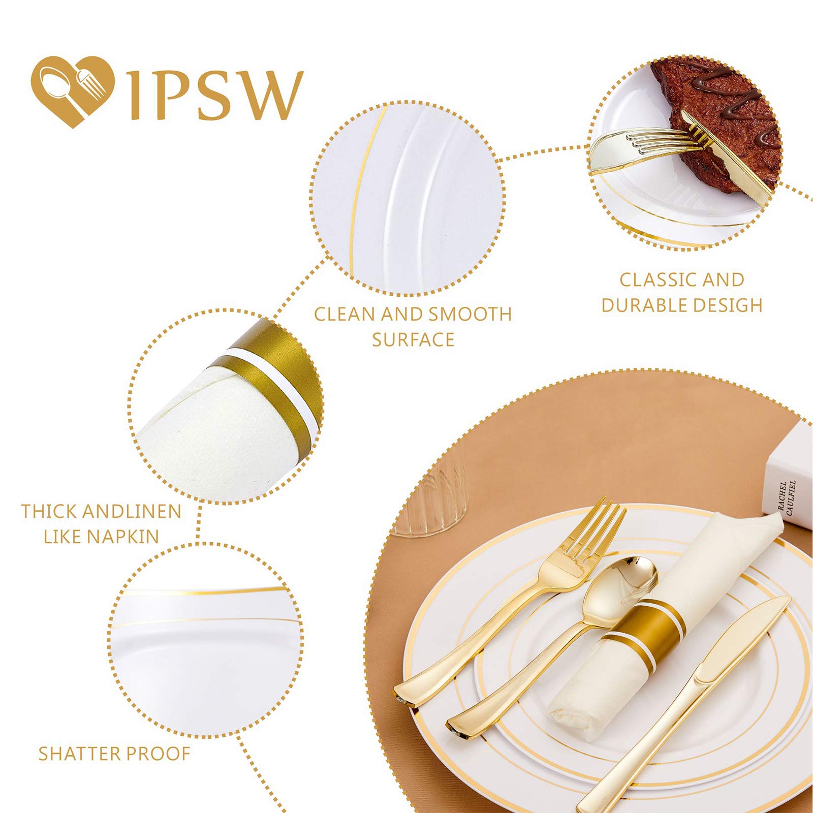 Premium Gold Plastic Plates & Disposable Silverware Set with Rolled Napkins - 72pc Heavy Duty Plastic Dinnerware for 12 Guests (12 Dinner Plates, 12 Dessert Plates, 48 Napkins & Cutlery) - Perfect for Home Parties, Weddings, Baby Showers & Outdoor Events