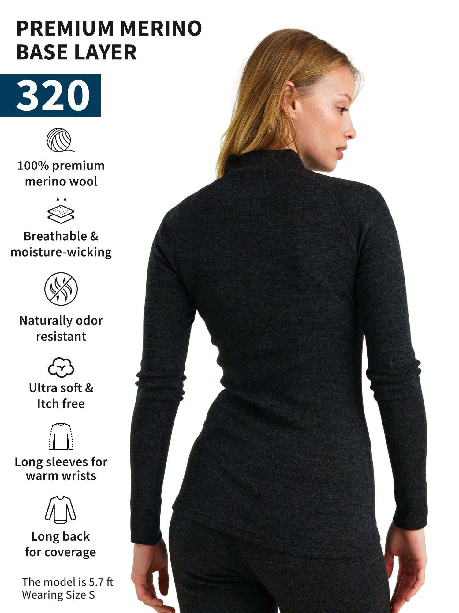 100% Merino Wool Base Layer for Women - Lightweight, Midweight & Heavyweight Thermal Half Zip Sweater with Socks | Hiking, Skiing & Winter Outdoor Activities