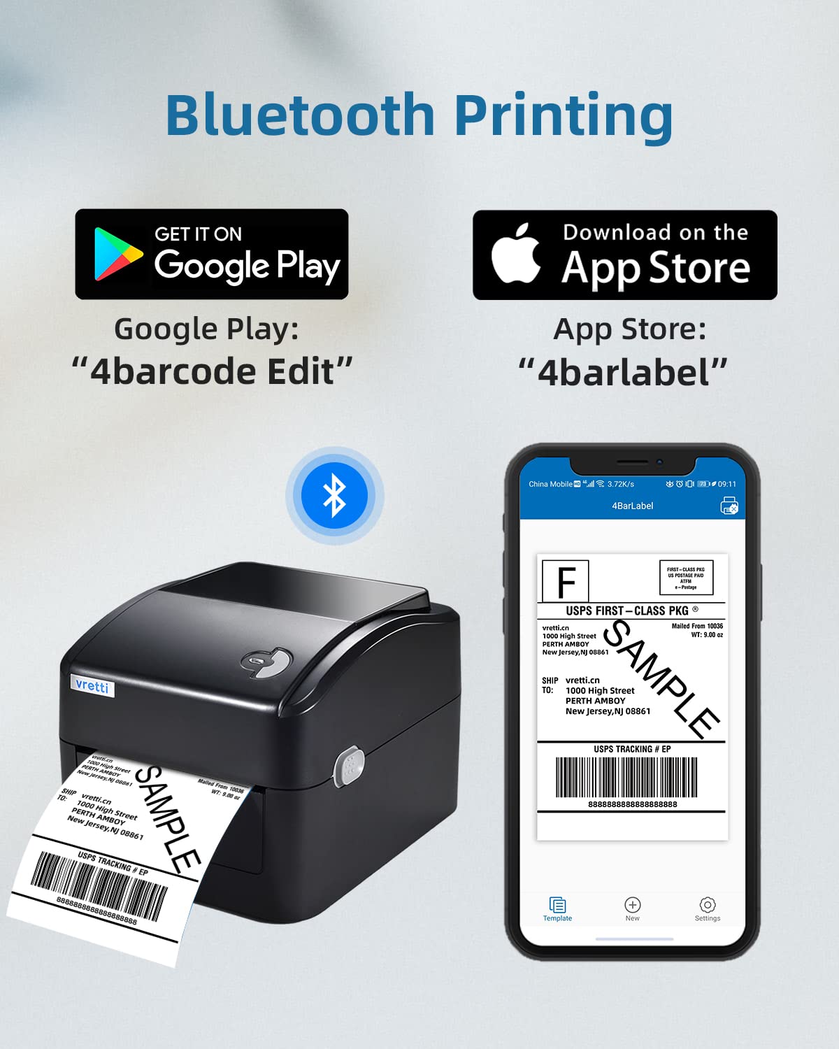 Vretti Bluetooth Label Printer 4x6 - High-Speed Thermal Barcode Printer with USB Direct Printing (152mm/s) for Shipping Labels, Packaging & Inventory Management