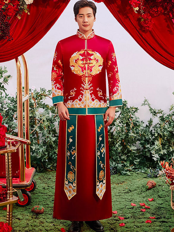 2023 Dragon Wedding Qipao Jacket & Skirt Set for Women - Traditional Chinese Bridal Dress, Embroidered Cheongsam Outfit for Brides, Tea Ceremony & Banquet Occasions