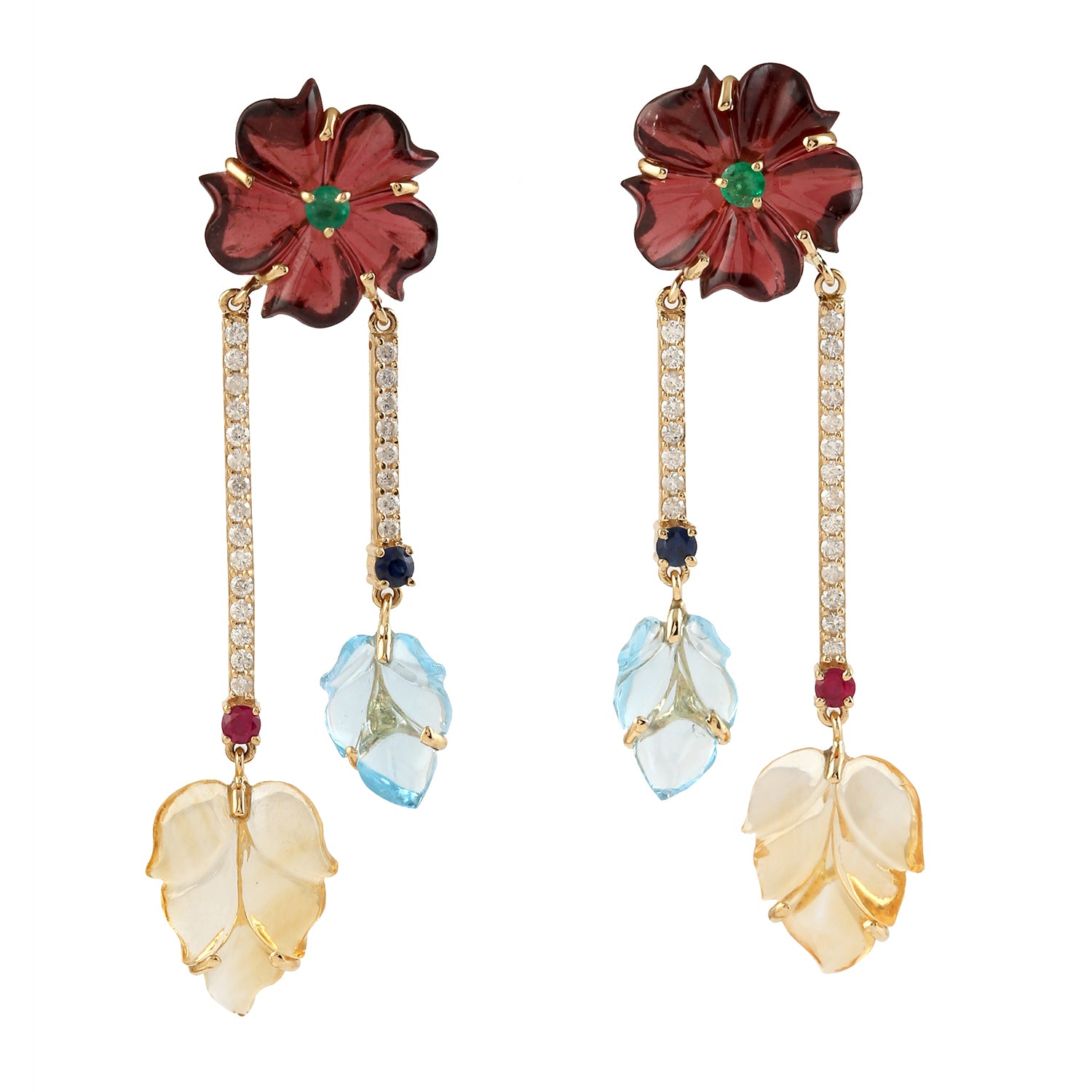 18K Yellow Gold Flower Dangle Earrings with Multi Emerald & Sapphire Gemstones | Elegant Jewelry for Women, Perfect for Weddings, Parties & Special Occasions