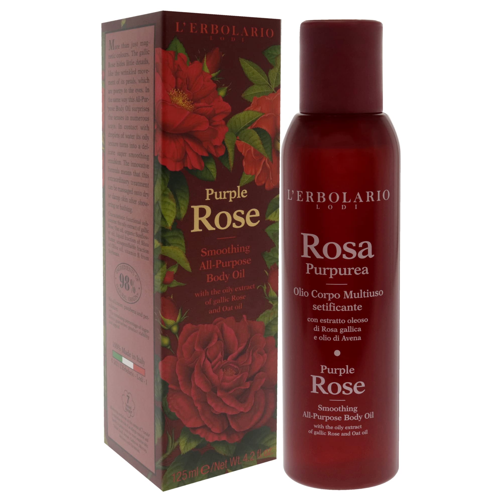 LErbolario Purple Rose Body Oil for Women - 4.2 oz Hydrating & Nourishing Dry Skin Care - Perfect for Massage, Aromatherapy & Daily Moisturizing