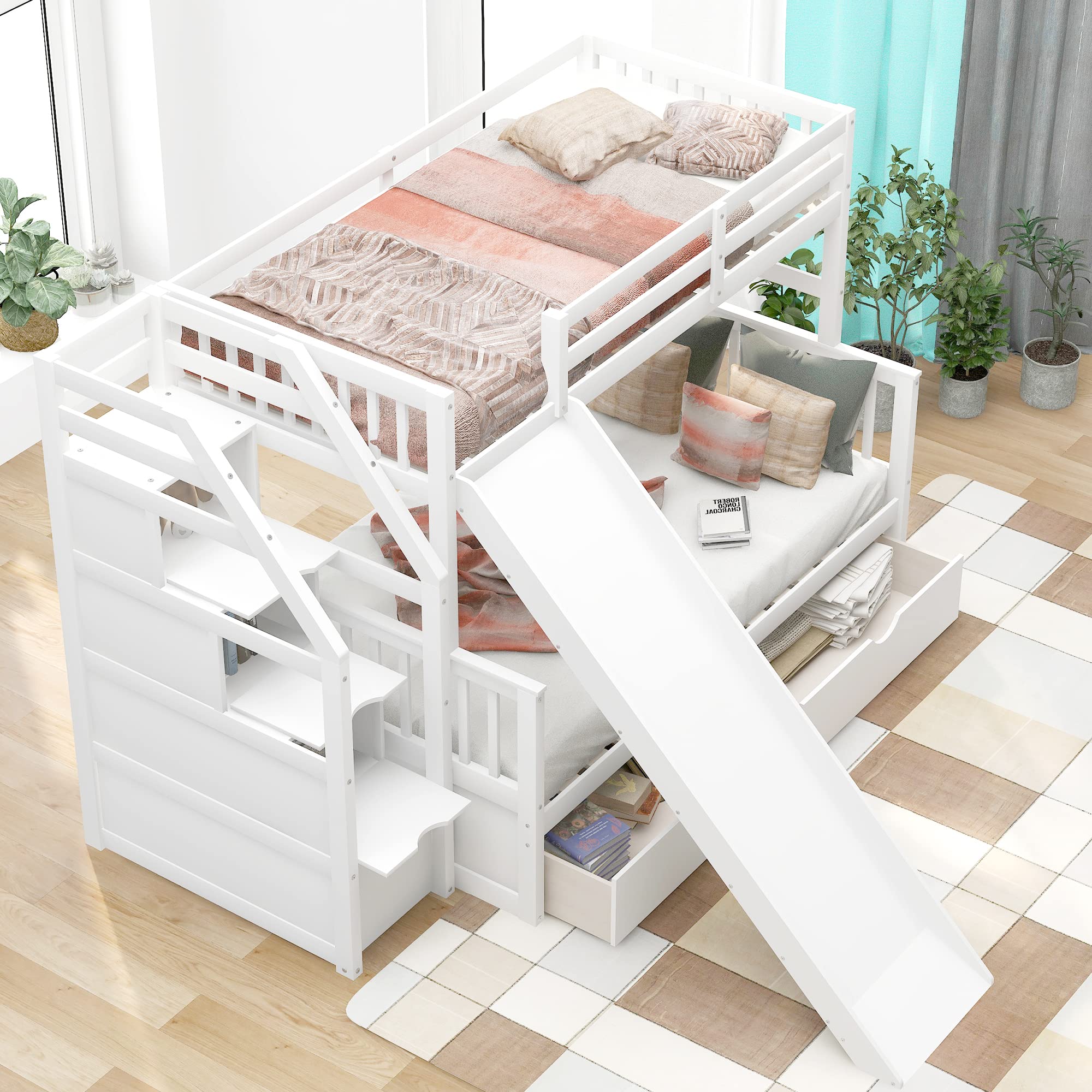 Twin Over Full Bunk Bed with Stairs & Slide - Solid Wood Kids Bunk Bed Frame with Storage Drawers for Boys & Girls (White) | Space-Saving Bedroom Solution for Siblings & Sleepovers