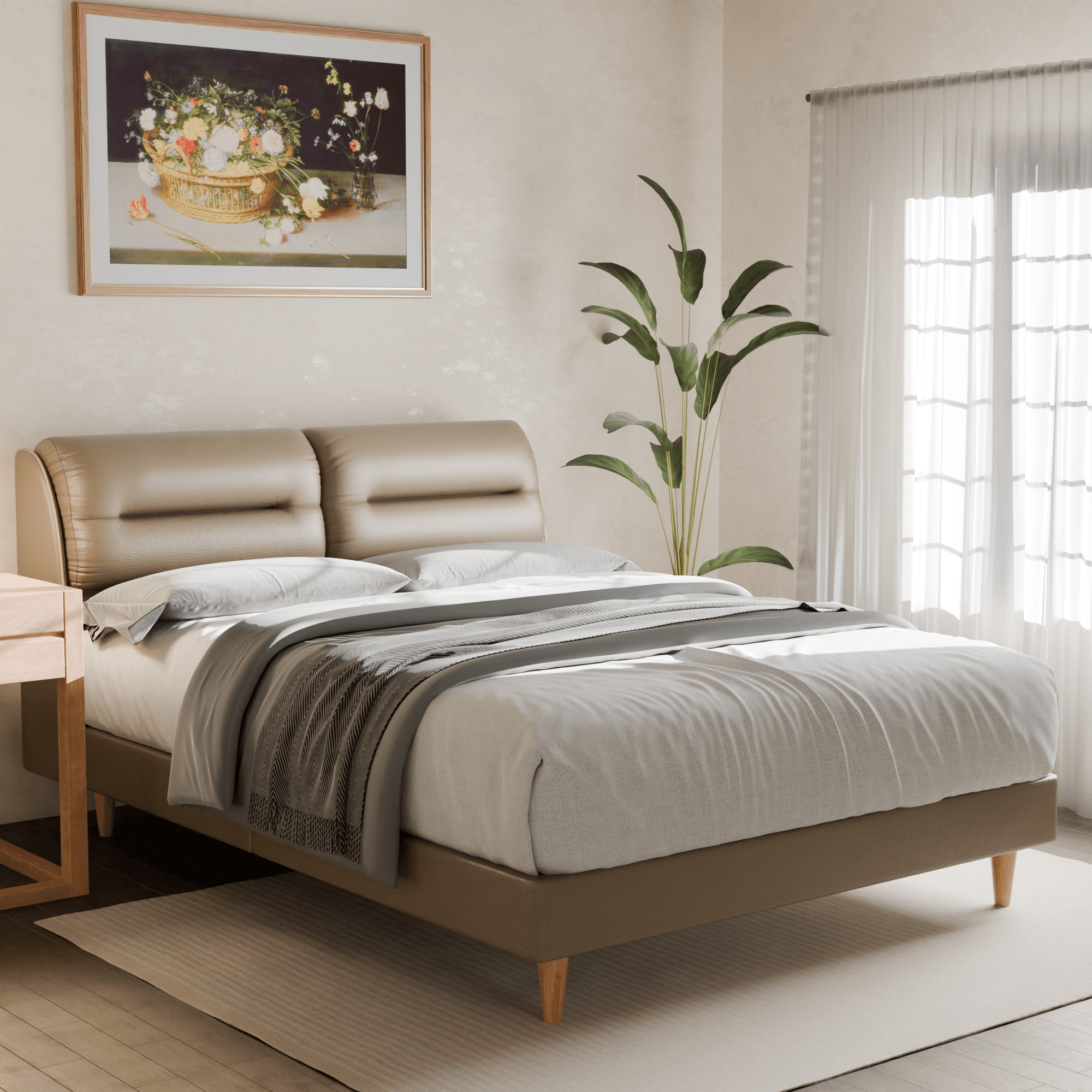 Hanubee Queen Size Faux Leather Upholstered Platform Bed Frame with Wooden Slats - Modern Bedroom Furniture for Home Decor & Small Spaces
