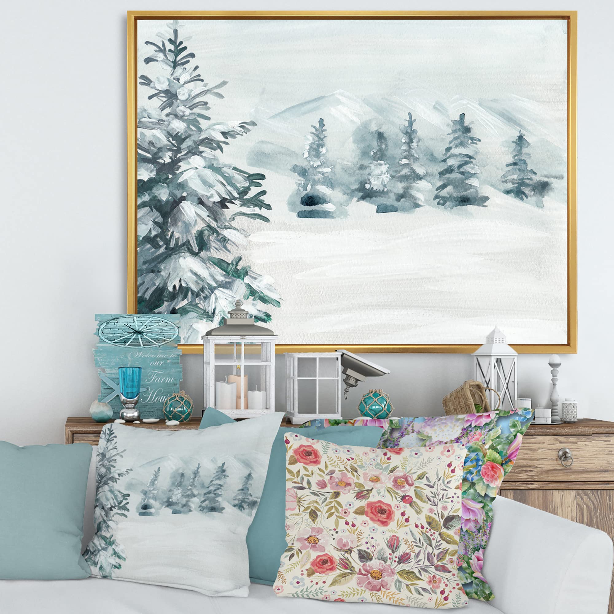 Snowy Pine Trees Framed Canvas Wall Art - Winter Landscape Print for Home & Office Decor - Perfect for Living Room, Bedroom, or Holiday Decoration